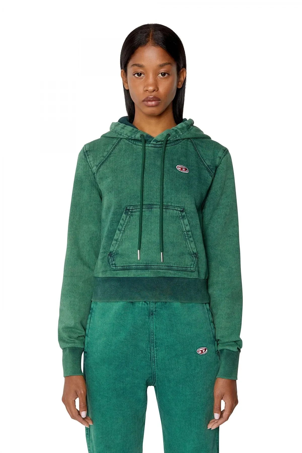Green Overdyed cropped hoodie in Track Denim