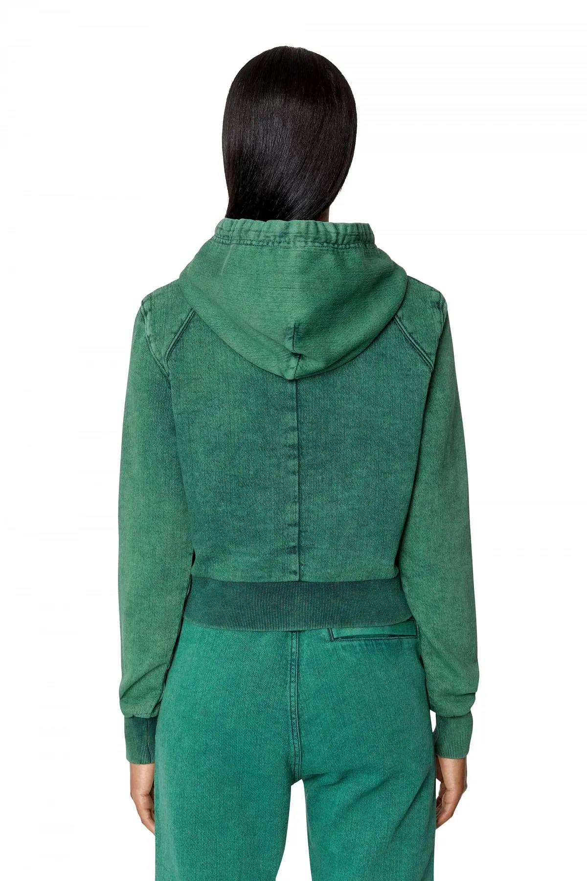 Green Overdyed cropped hoodie in Track Denim