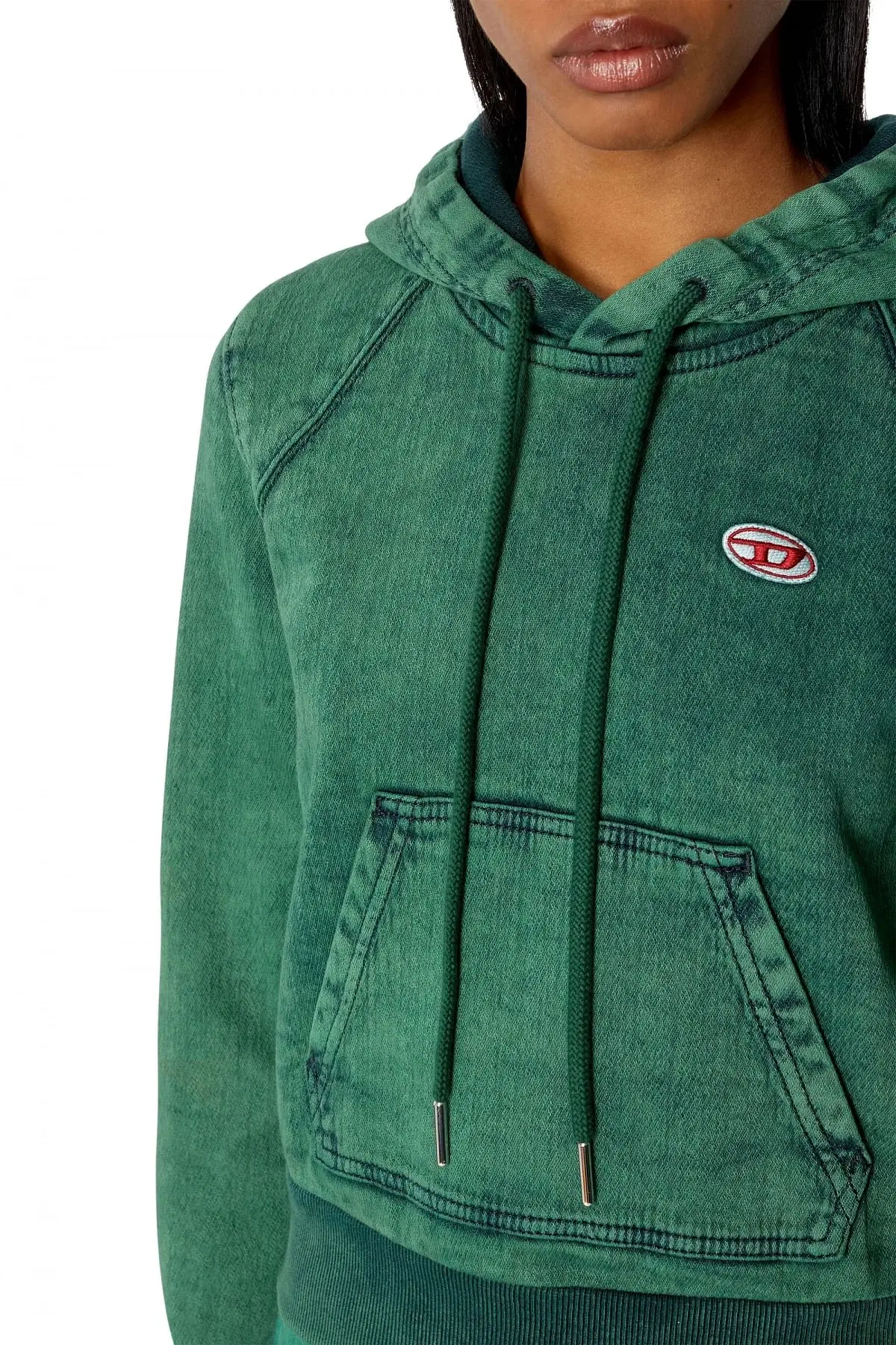 Green Overdyed cropped hoodie in Track Denim