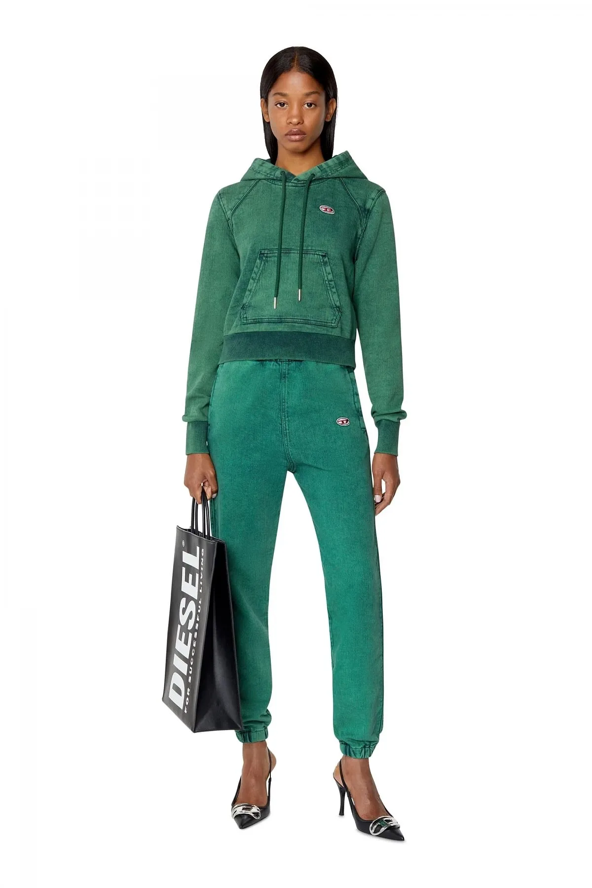 Green Overdyed cropped hoodie in Track Denim