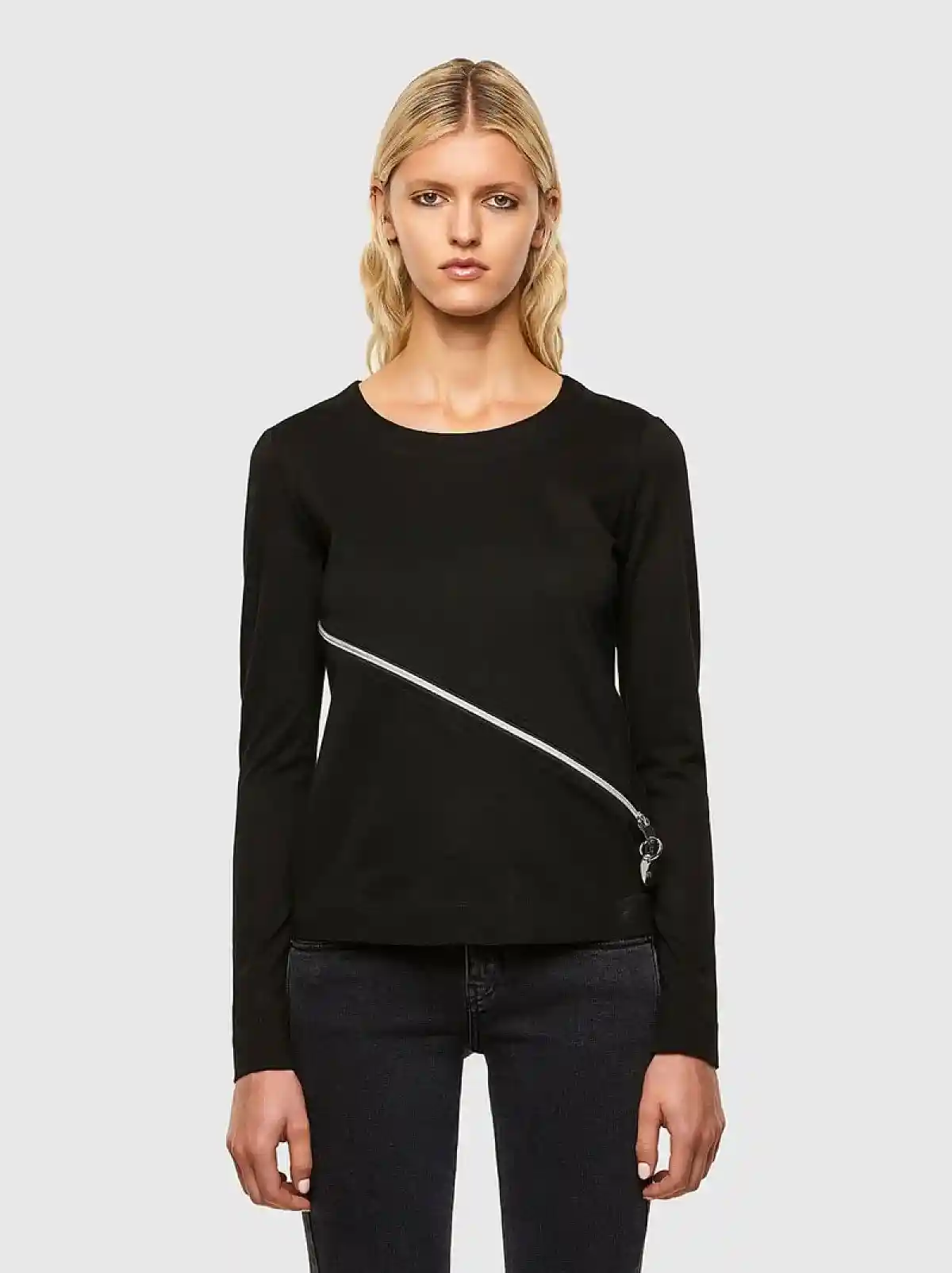 Black Zip-detailed long-sleeve top