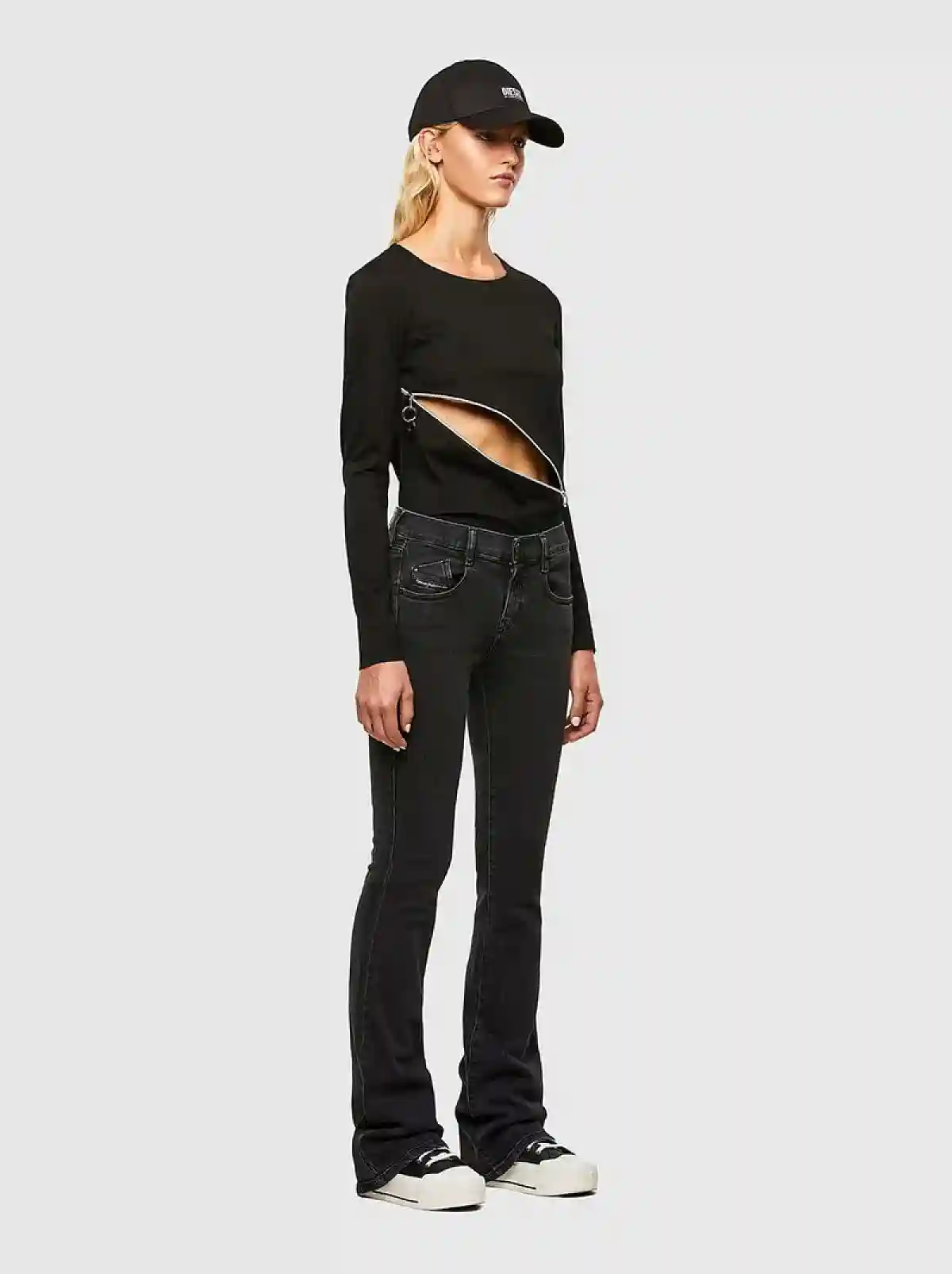 Black Zip-detailed long-sleeve top
