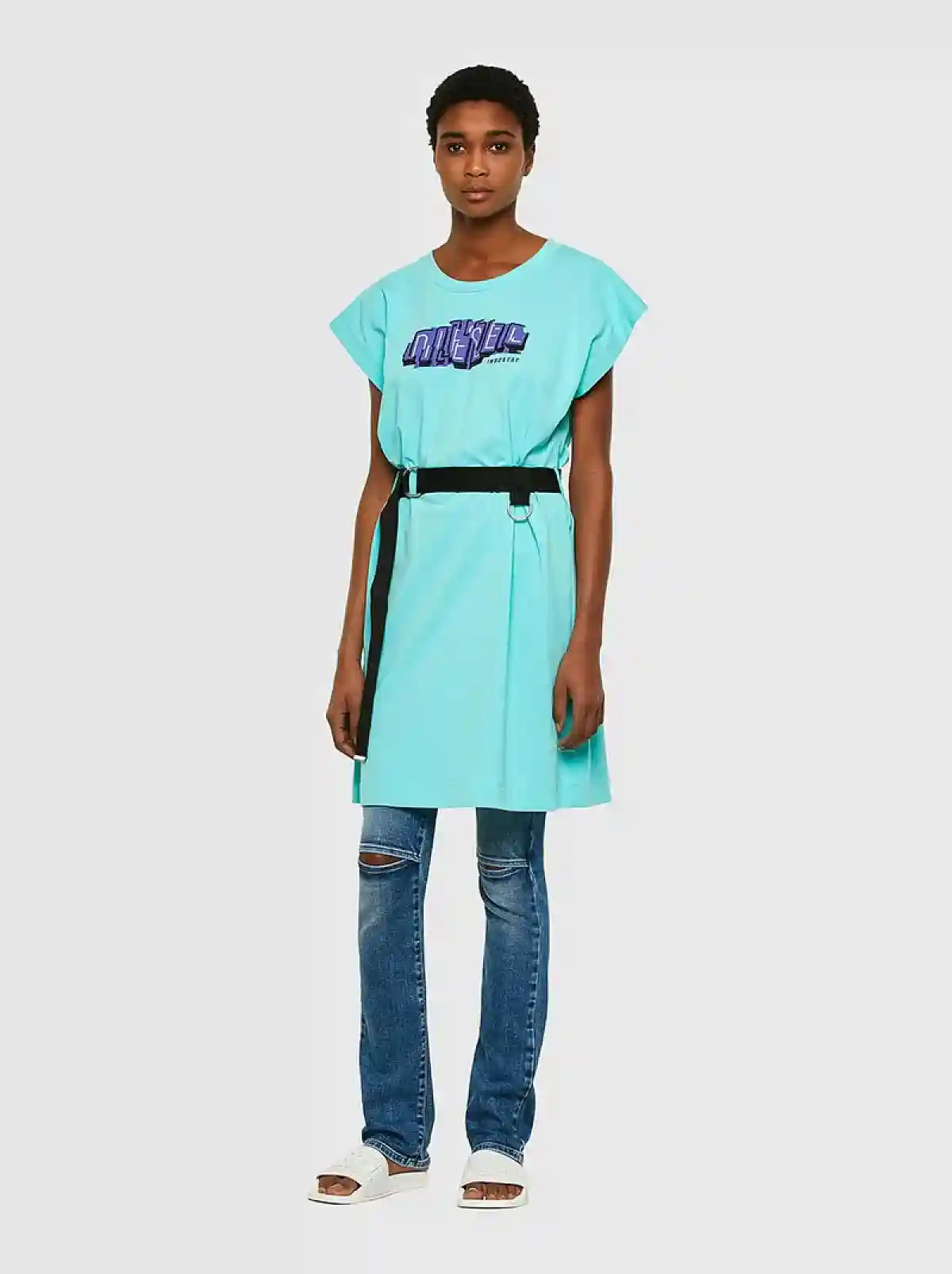 Blue Short jersey dress with D-ring belt