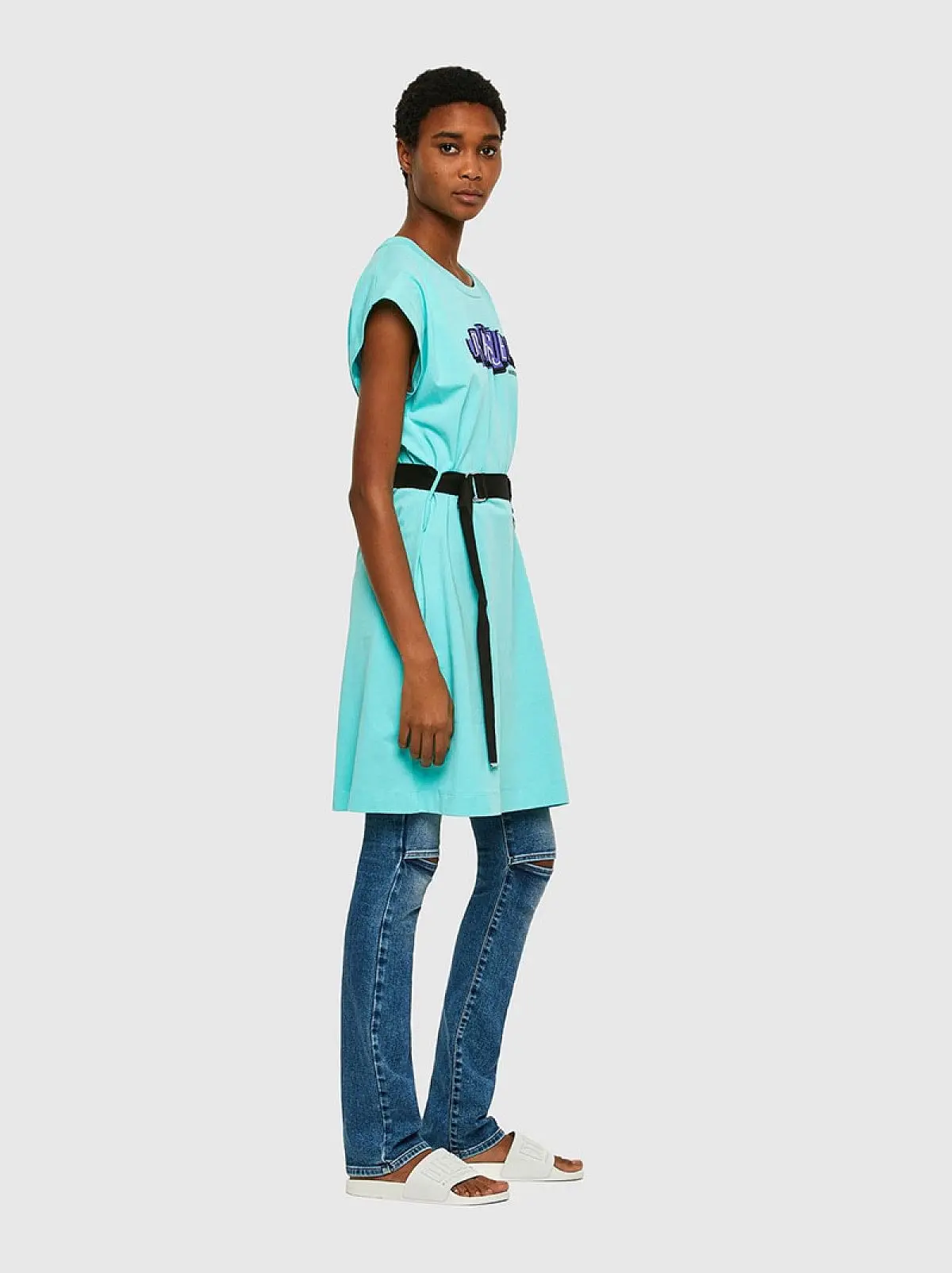 Blue Short jersey dress with D-ring belt