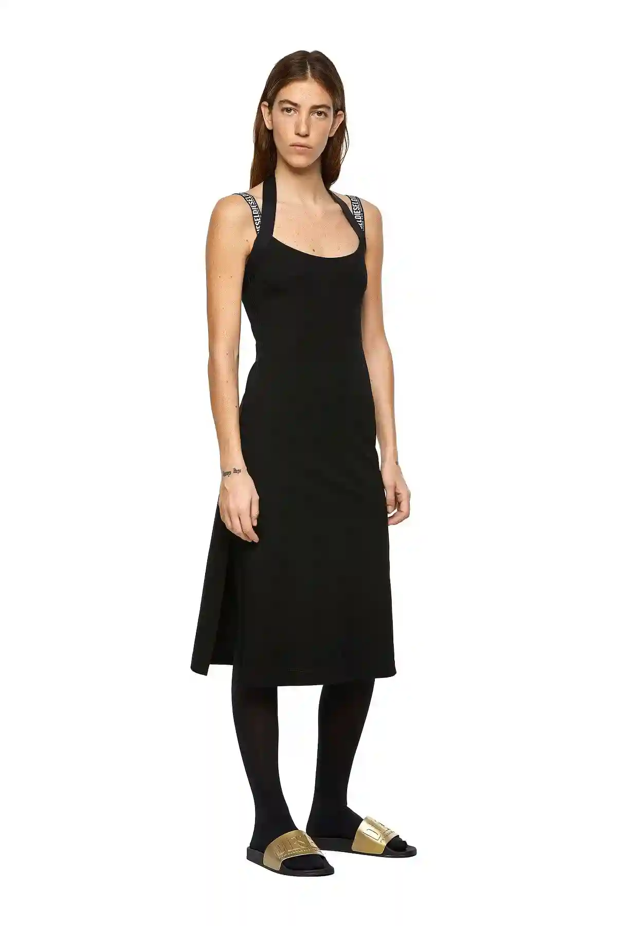 Black Halterneck dress with logo straps