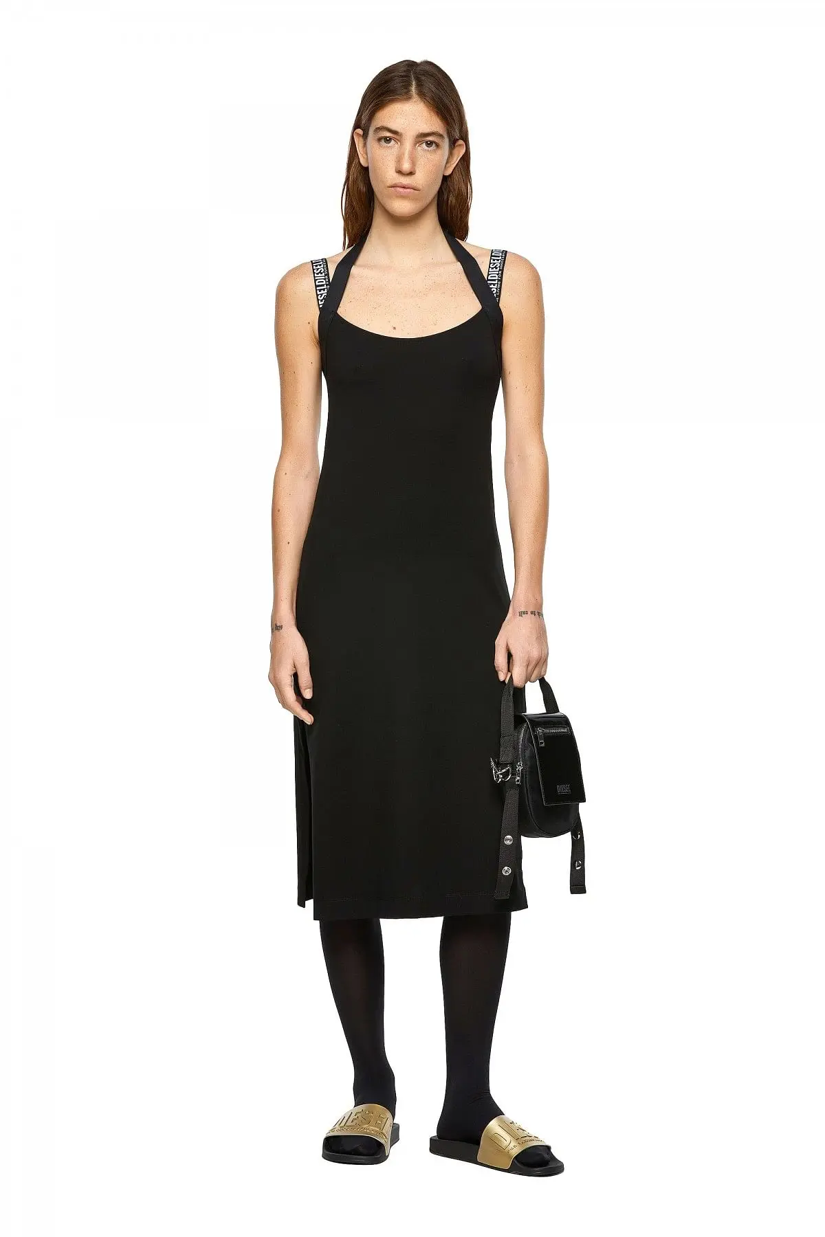 Black Halterneck dress with logo straps
