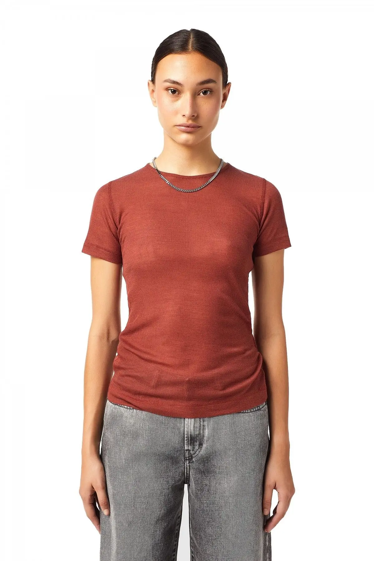 Brown Ribbed top with chain necklace