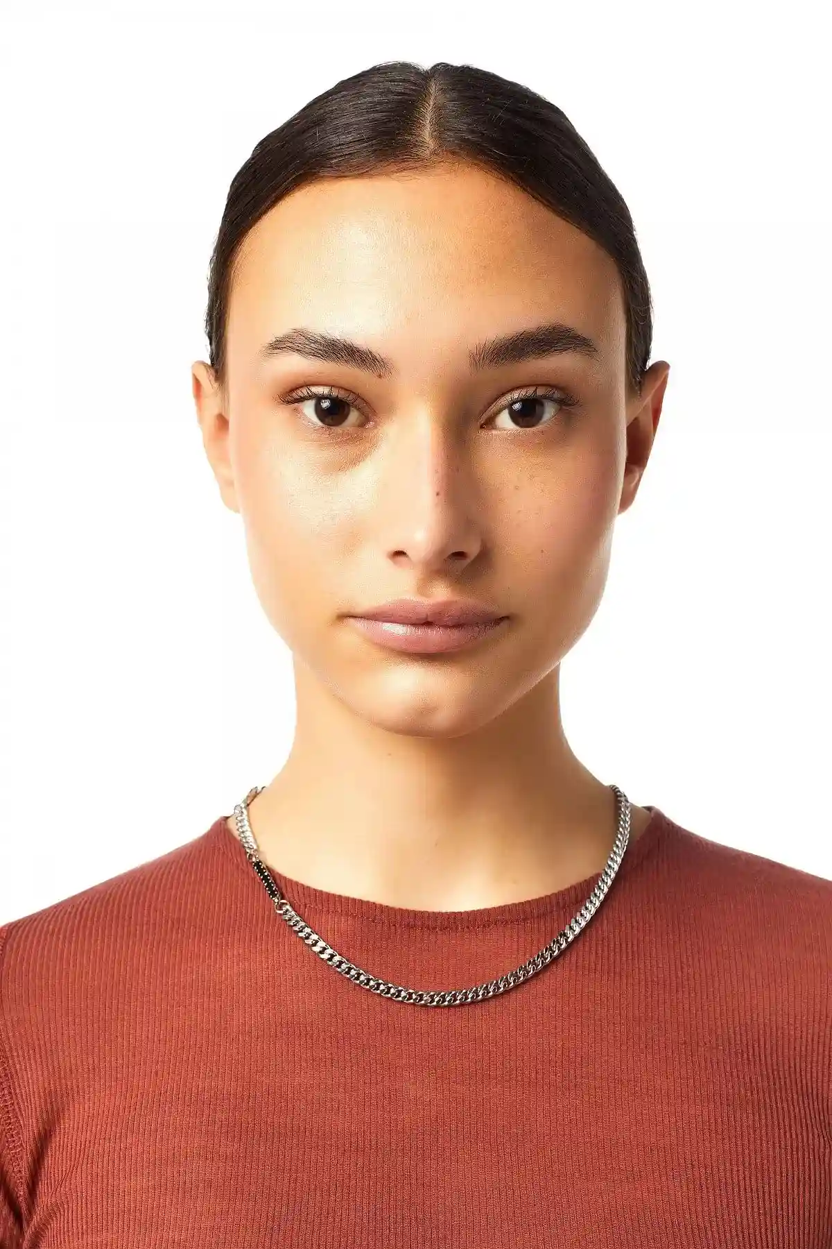 Brown Ribbed top with chain necklace