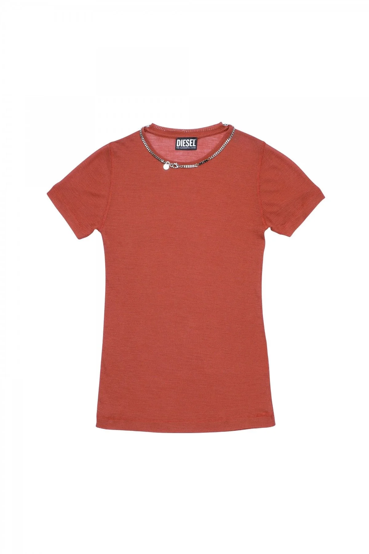 Brown Ribbed top with chain necklace