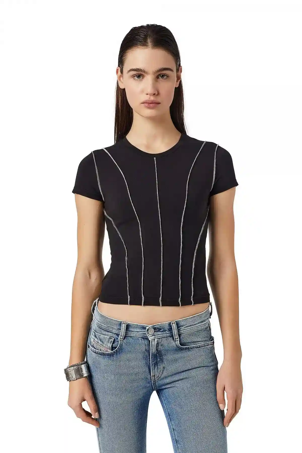 Black Panelled overlock T-shirt
