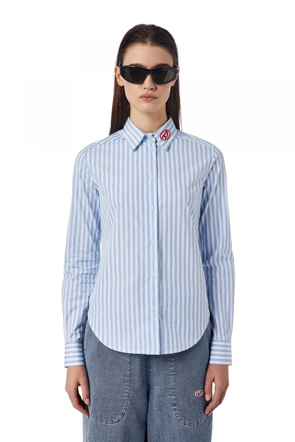 Blue and White Striped shirt with collar logo