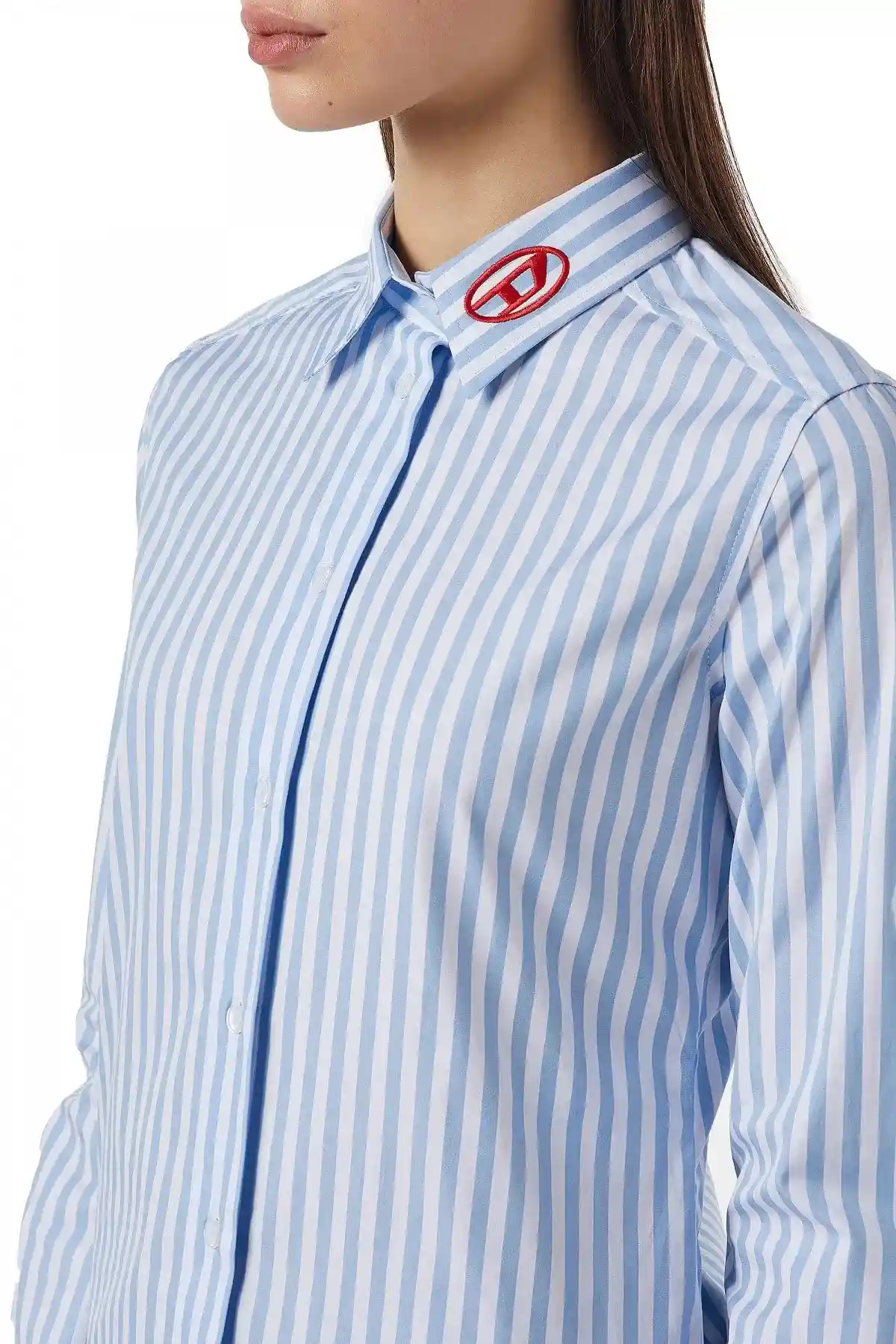Blue and White Striped shirt with collar logo