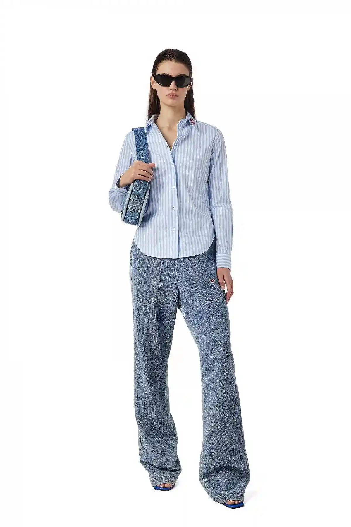 Blue and White Striped shirt with collar logo