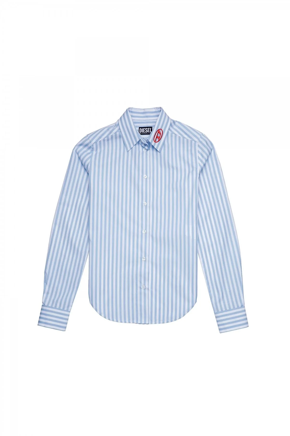Blue and White Striped shirt with collar logo