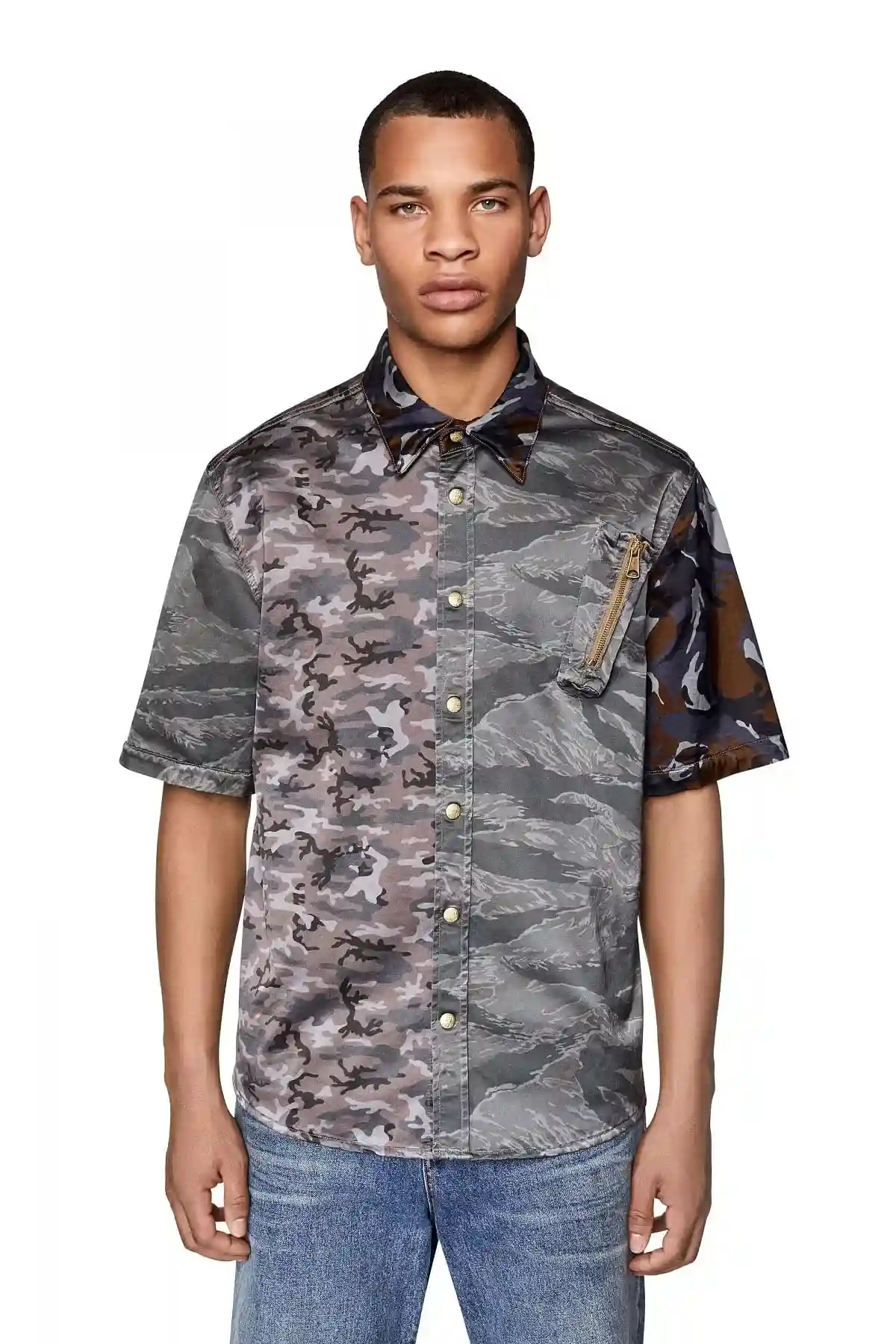 Brown and Grey Shirt in mixed camo satin