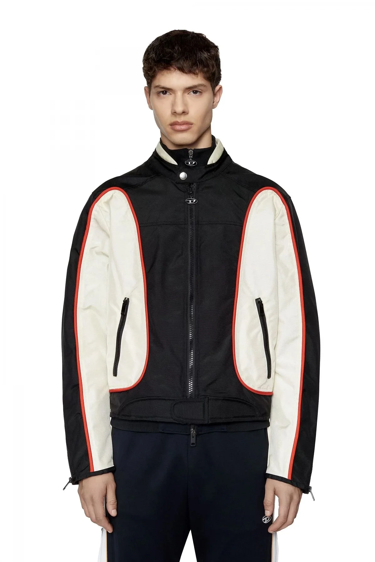 Black and White Biker jacket in colour-block nylon