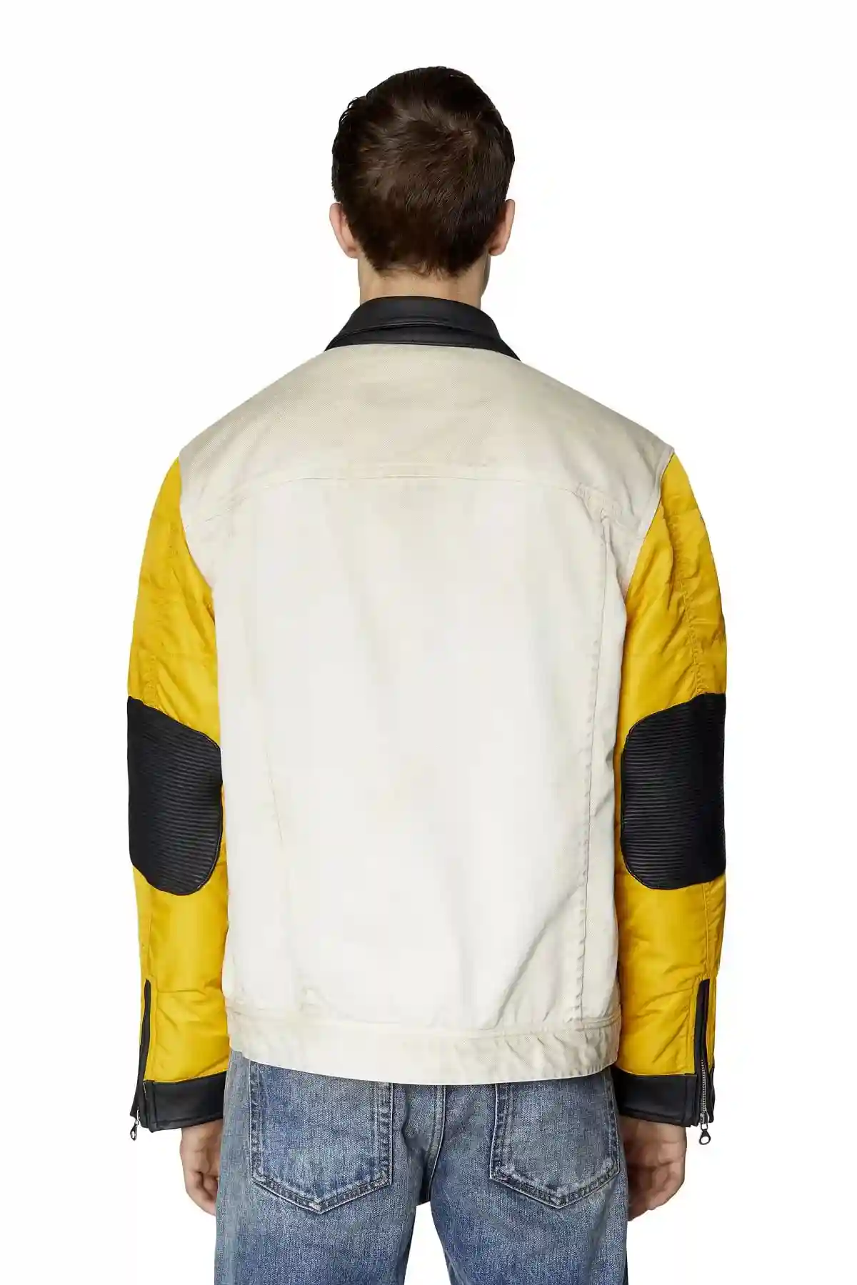 White and Yellow Padded jacket in denim satin and leather