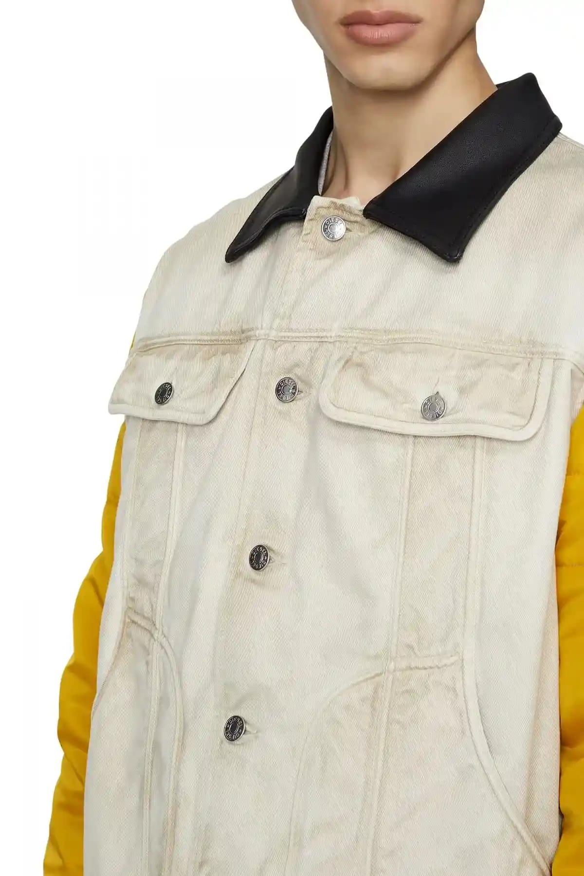 White and Yellow Padded jacket in denim satin and leather