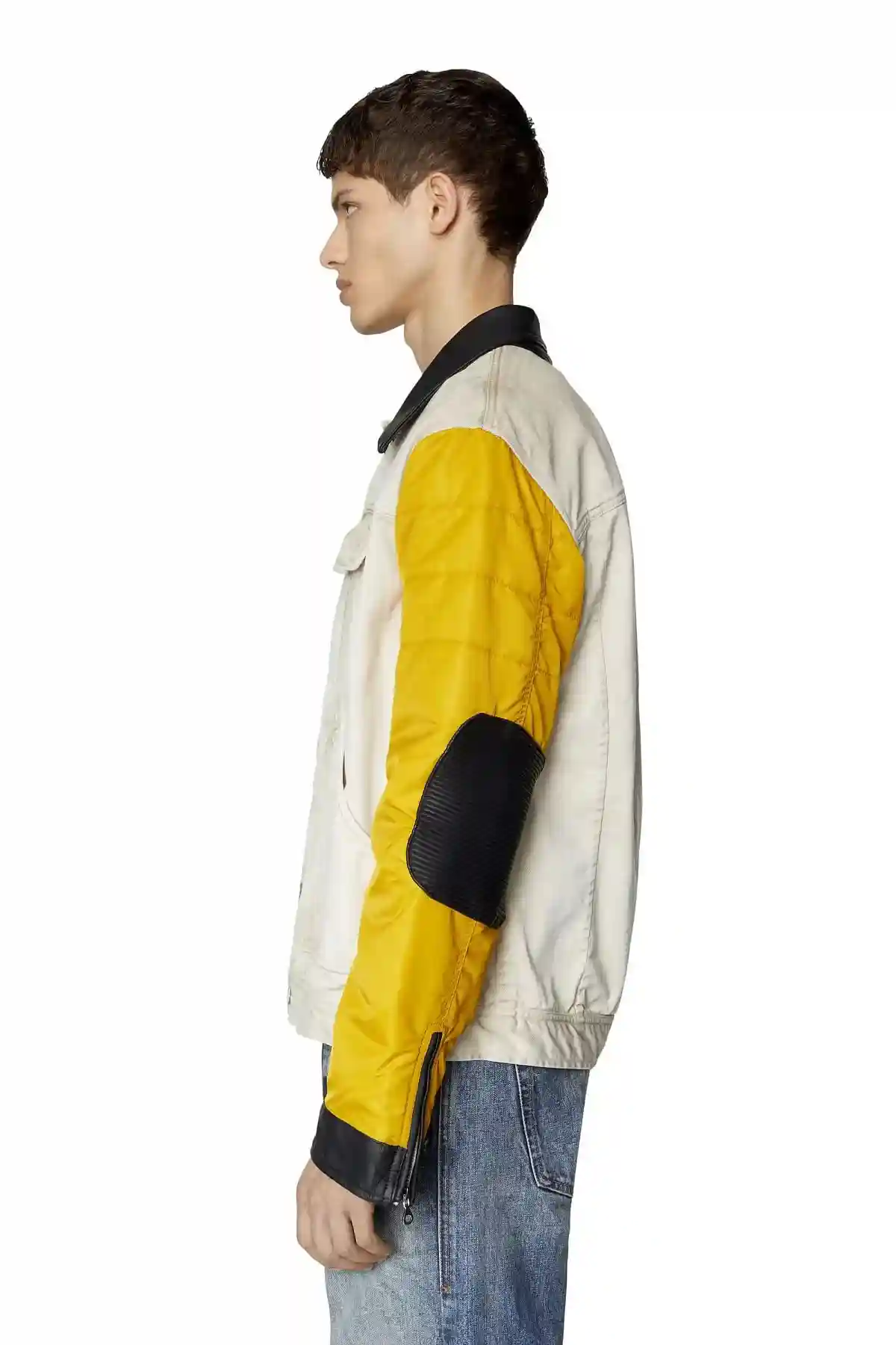 White and Yellow Padded jacket in denim satin and leather