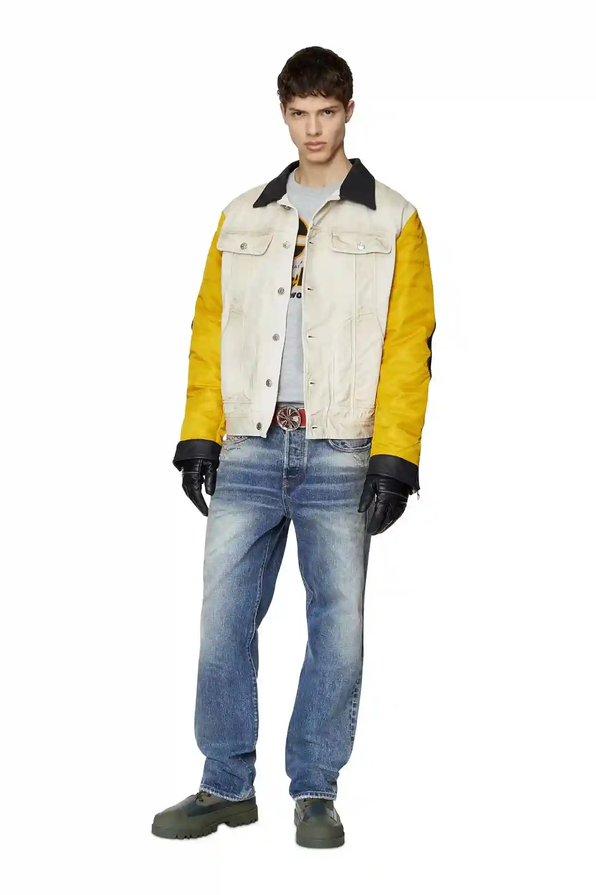 White and Yellow Padded jacket in denim satin and leather