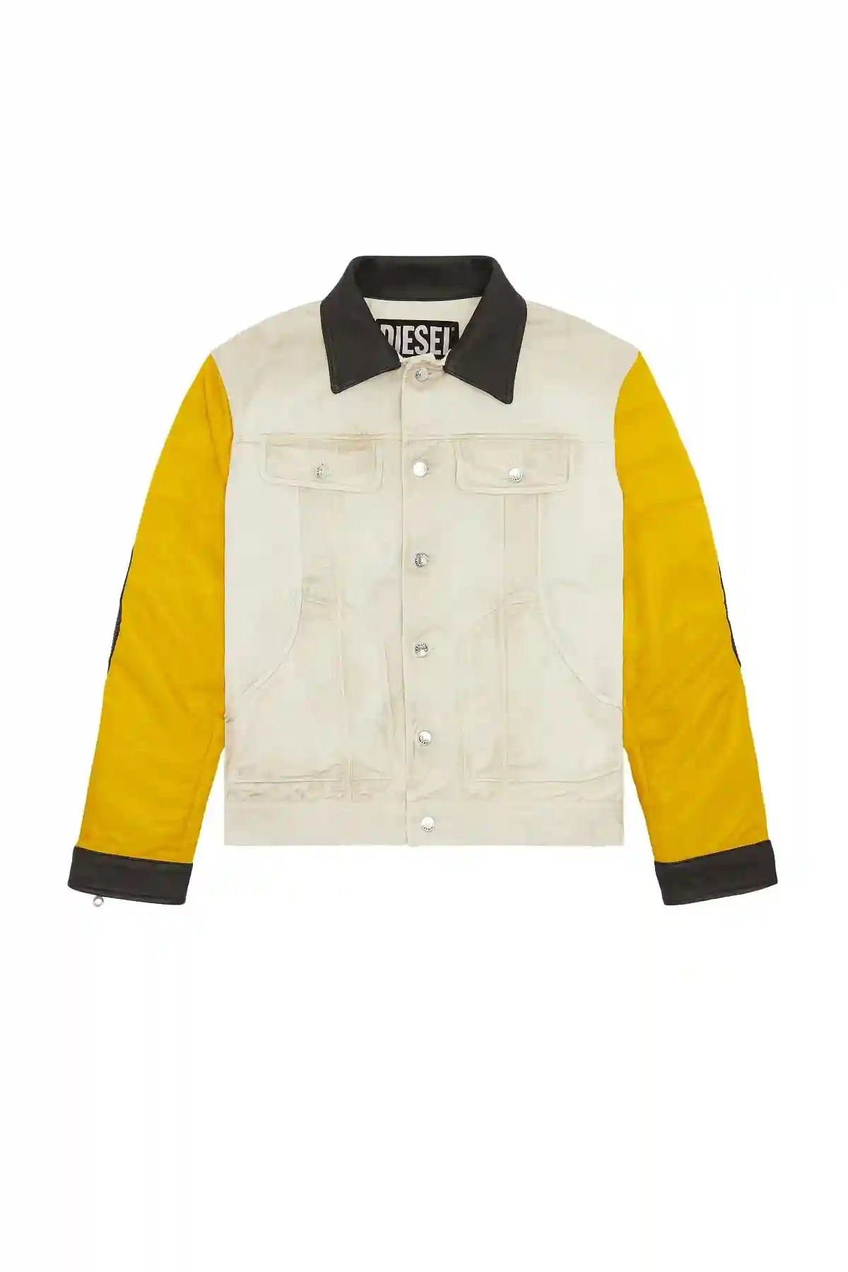 White and Yellow Padded jacket in denim satin and leather