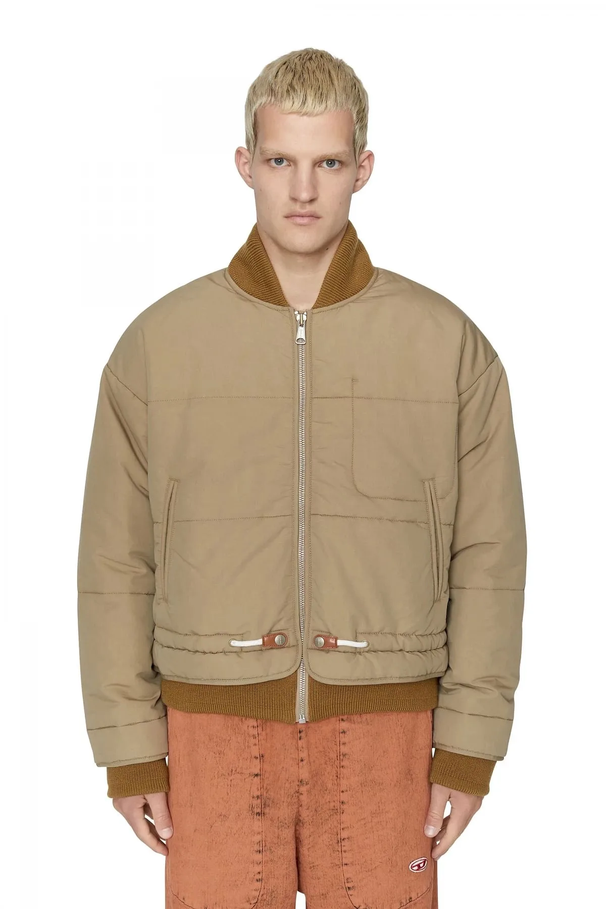 Beige Padded bomber jacket in peached twill