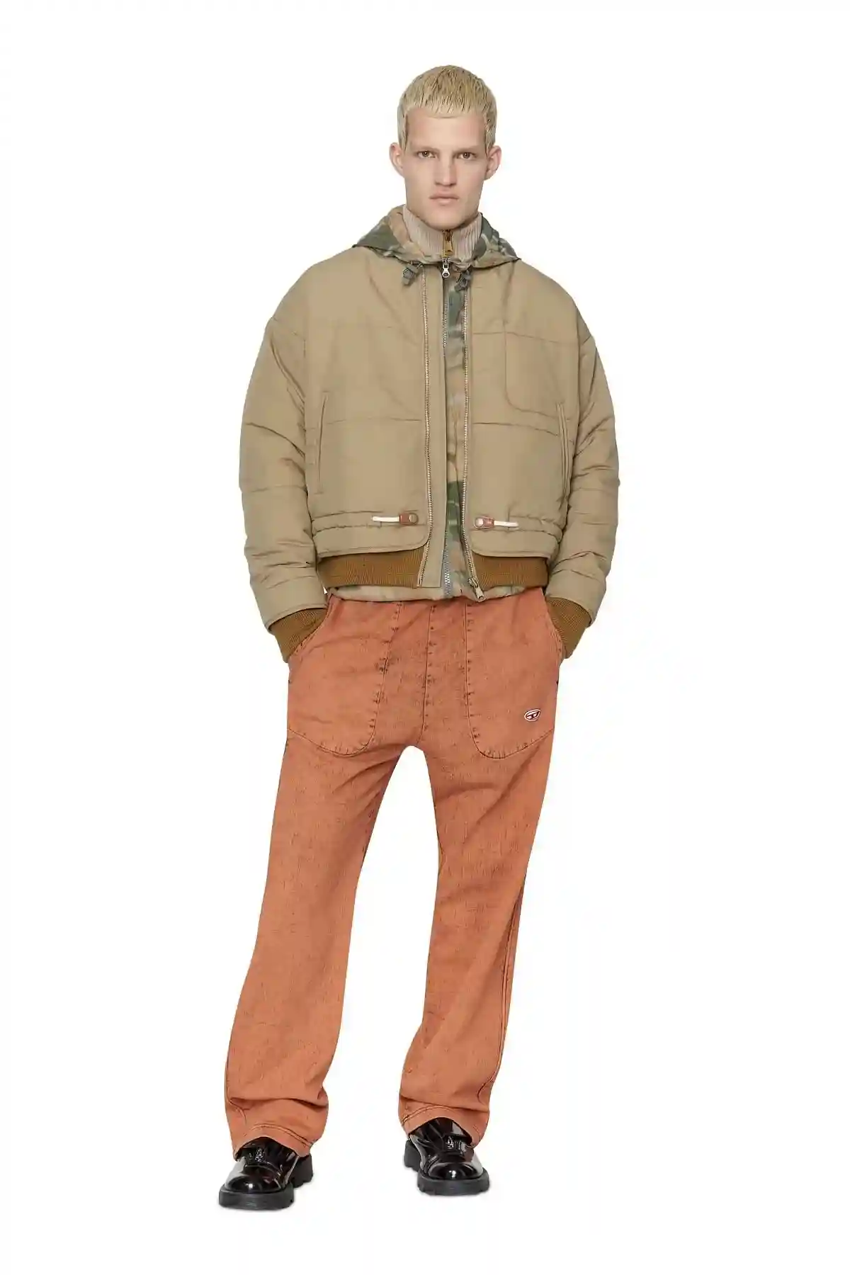 Beige Padded bomber jacket in peached twill