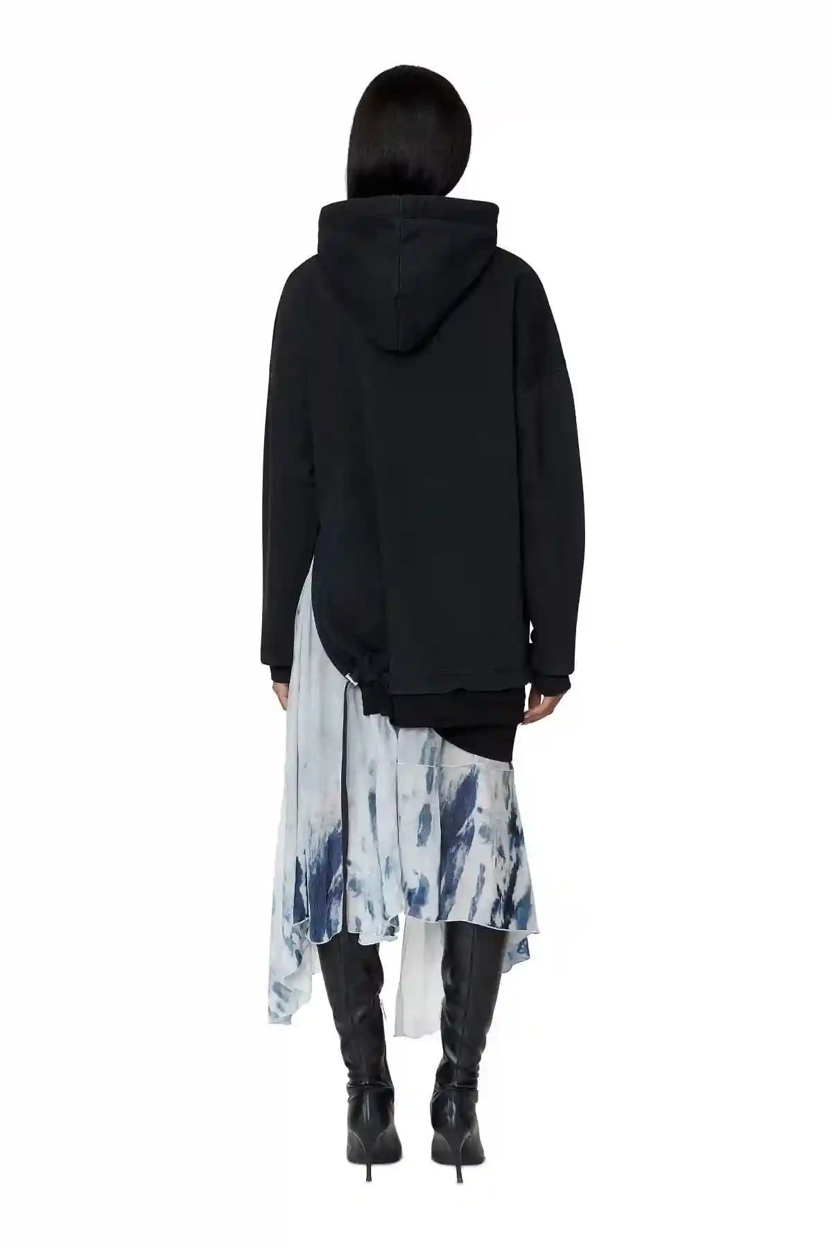 Black Hoodie dress with printed chiffon hem
