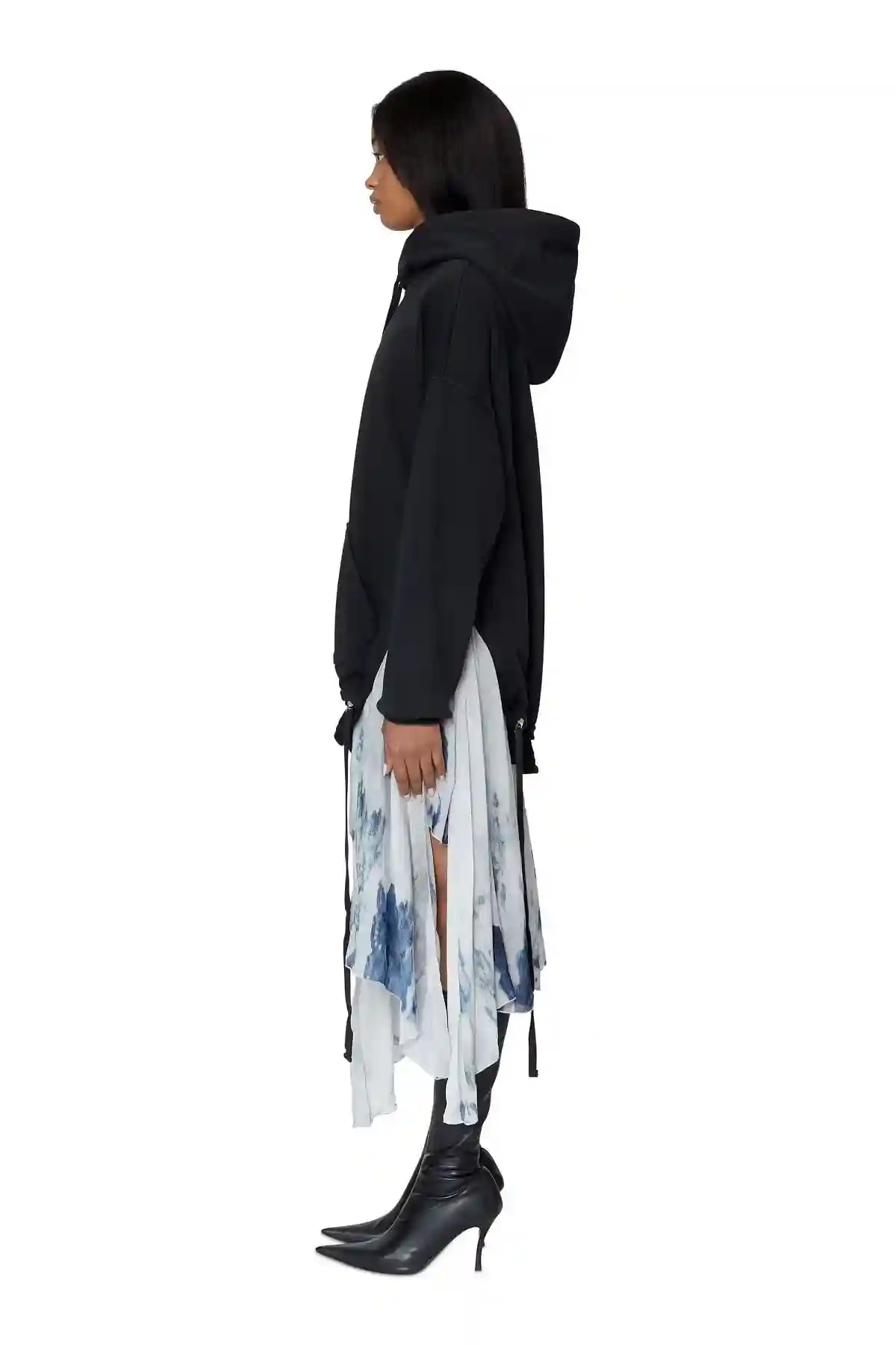 Black Hoodie dress with printed chiffon hem