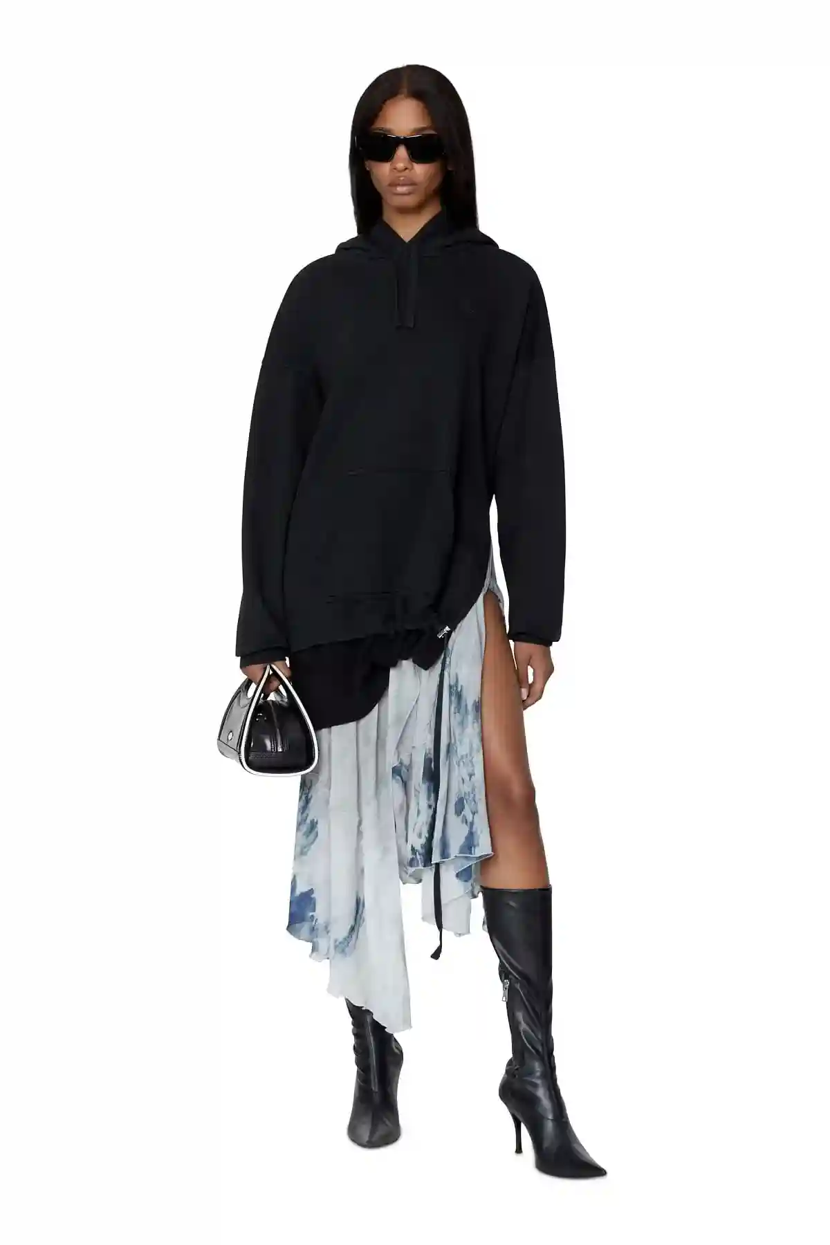 Black Hoodie dress with printed chiffon hem