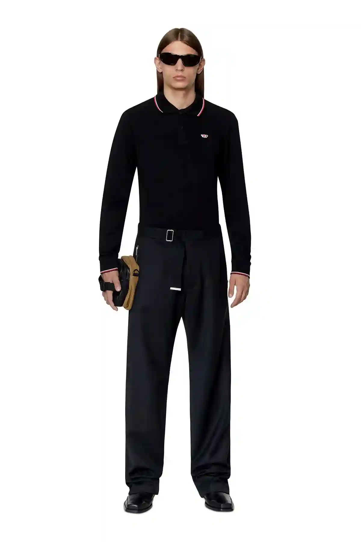 Black Long-sleeve polo shirt with D patch