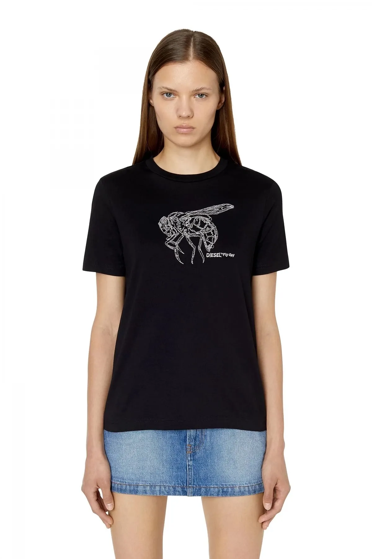 Black T-shirt with metallic fly embroidery