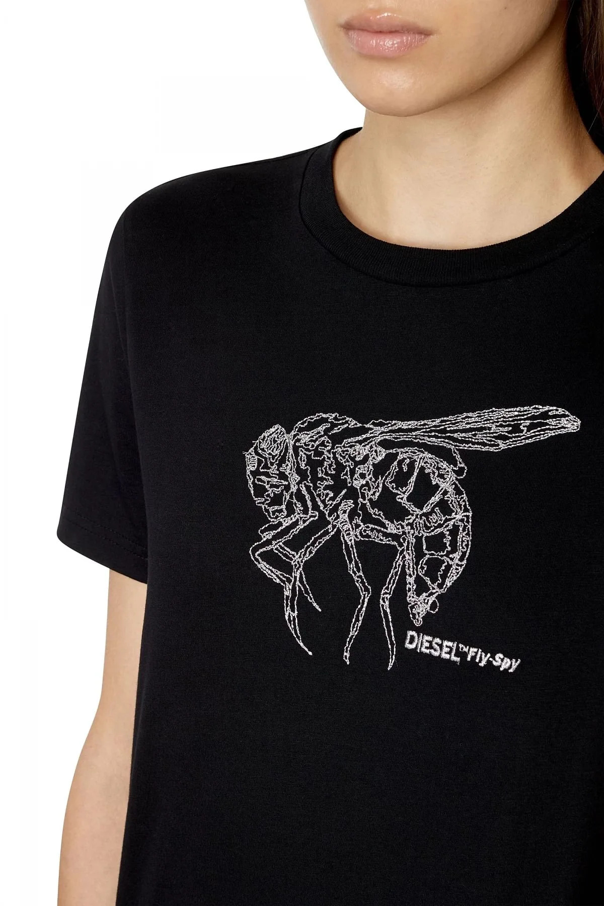 Black T-shirt with metallic fly embroidery