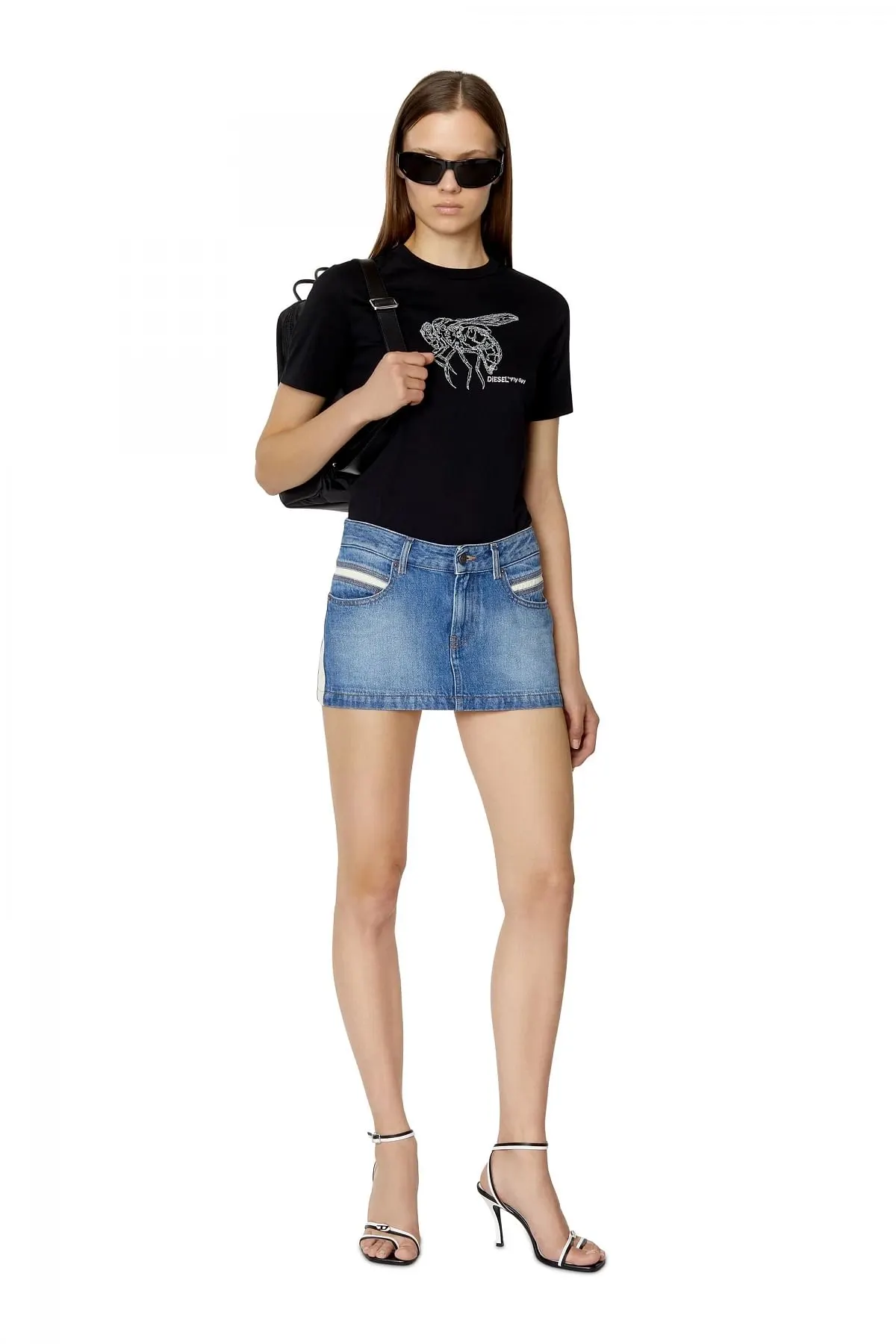 Black T-shirt with metallic fly embroidery