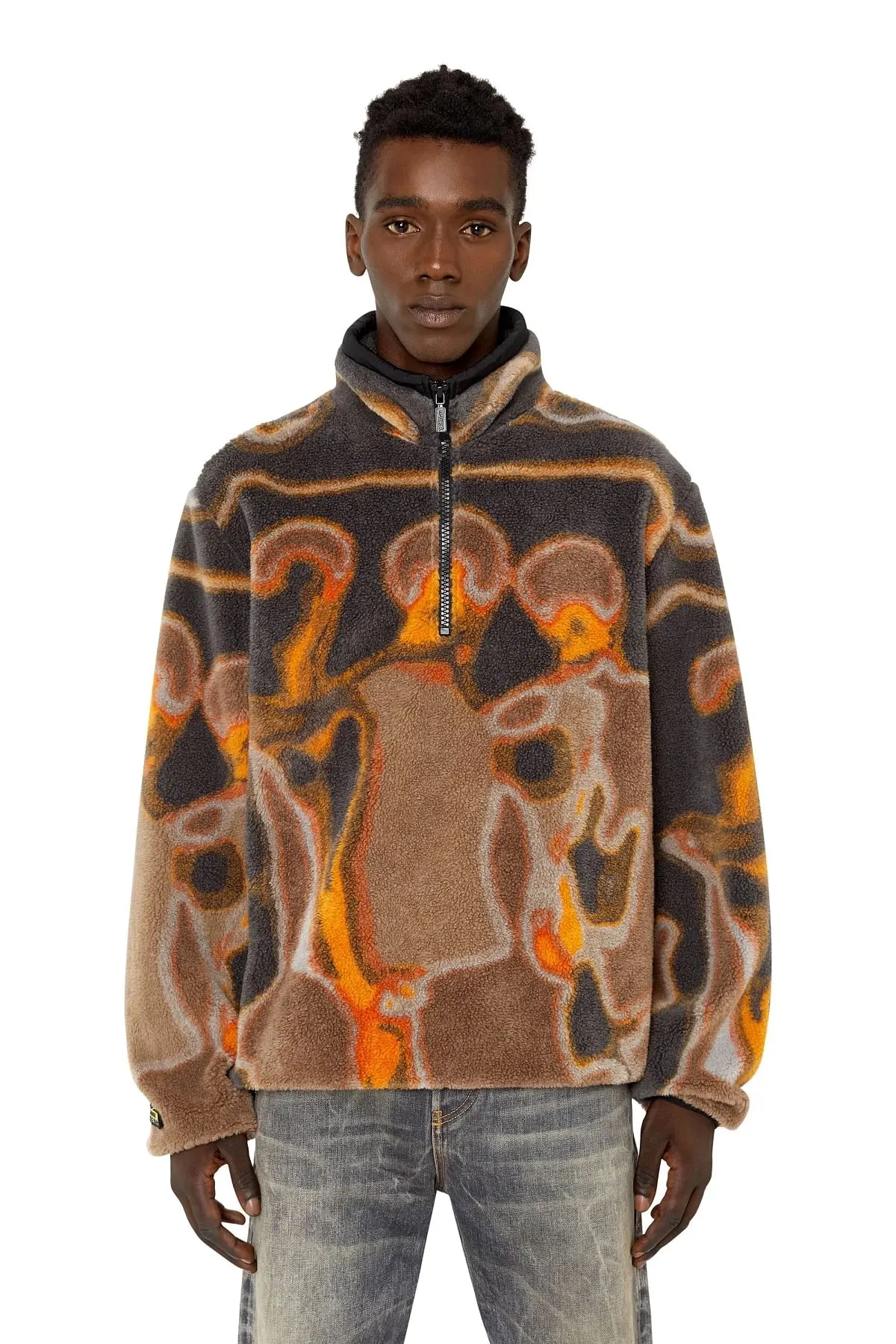 Orange and Brown Half-zip sweatshirt in teddy jacquard