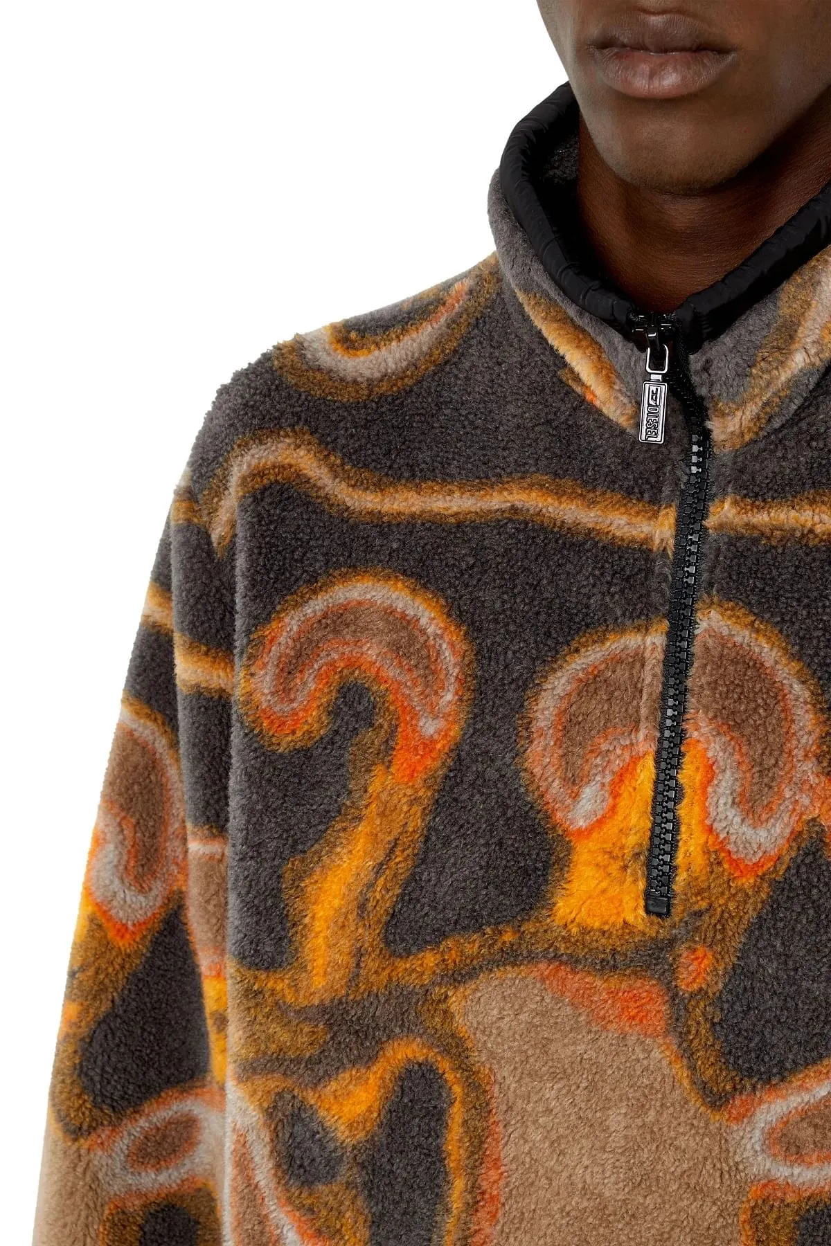 Orange and Brown Half-zip sweatshirt in teddy jacquard