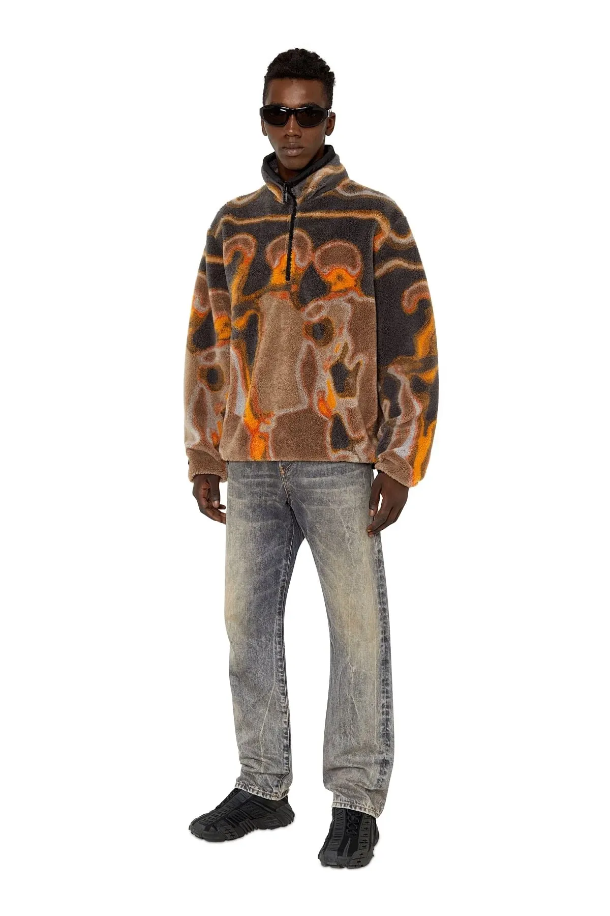 Orange and Brown Half-zip sweatshirt in teddy jacquard