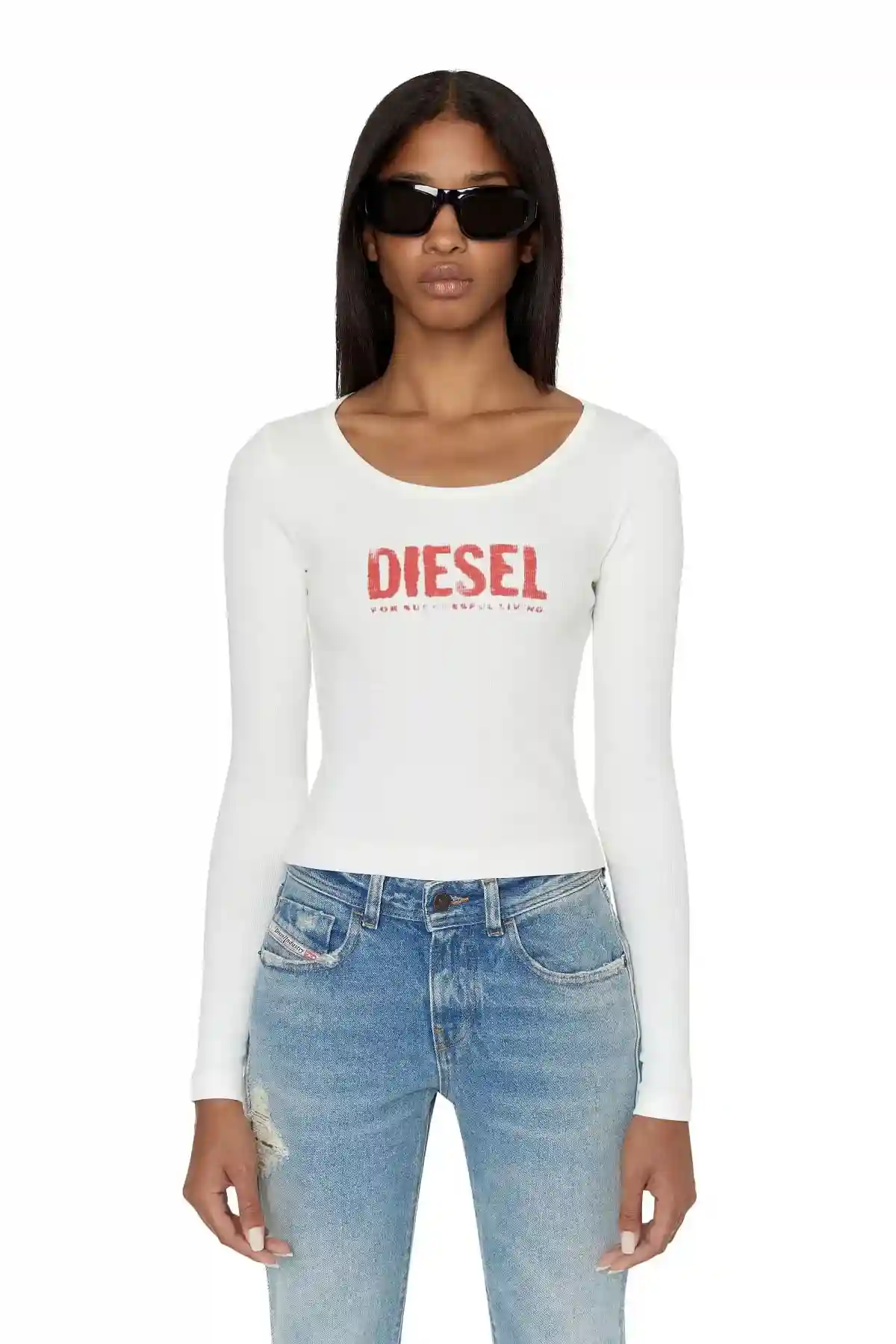 White Long-sleeve top with bleed-through logo