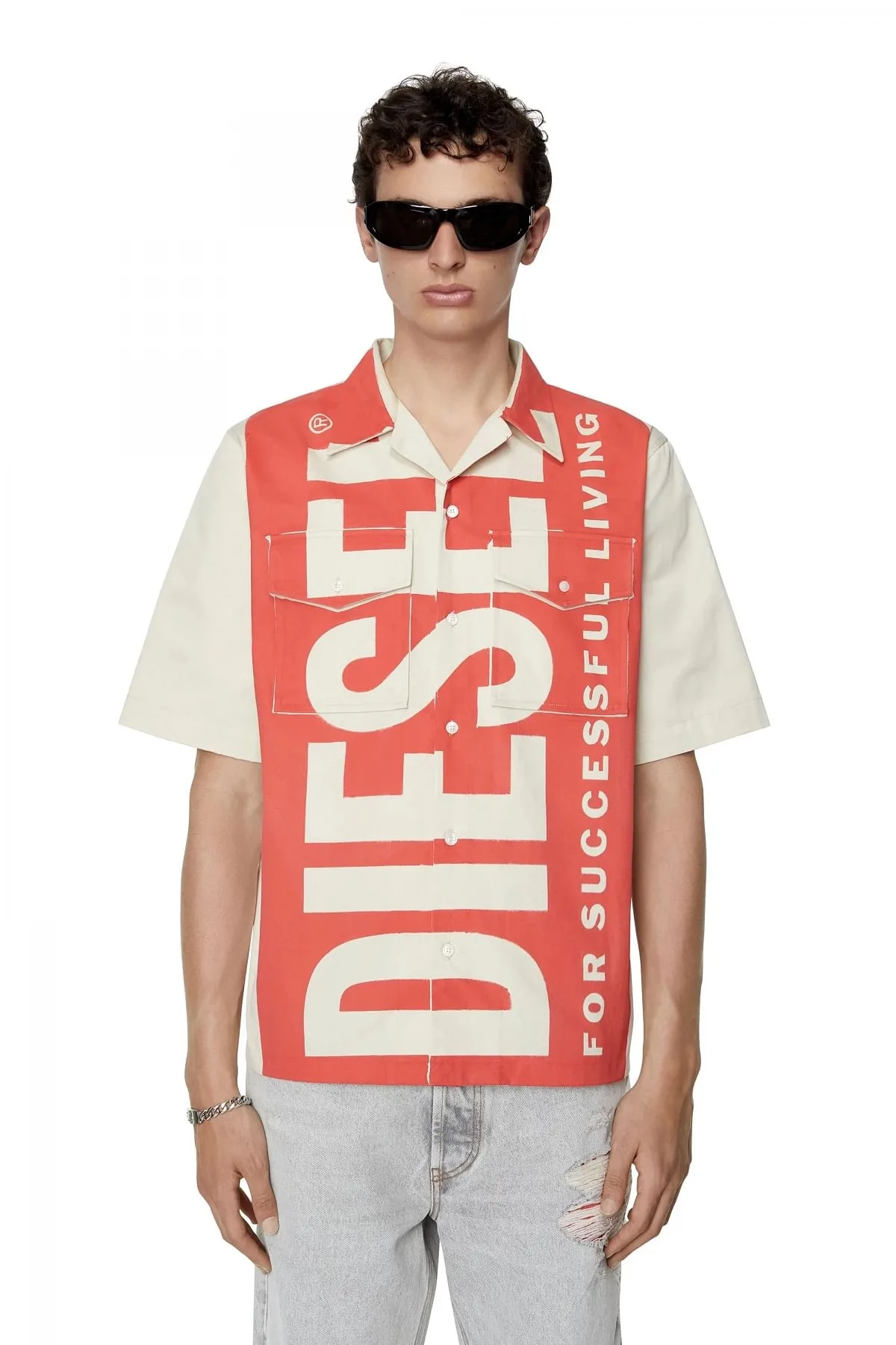 White and Red Bowling shirt with maxi logo print
