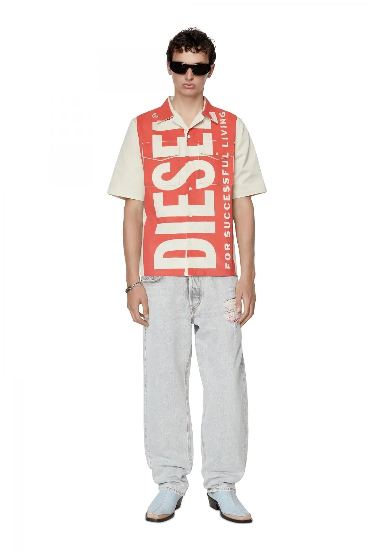 White and Red Bowling shirt with maxi logo print