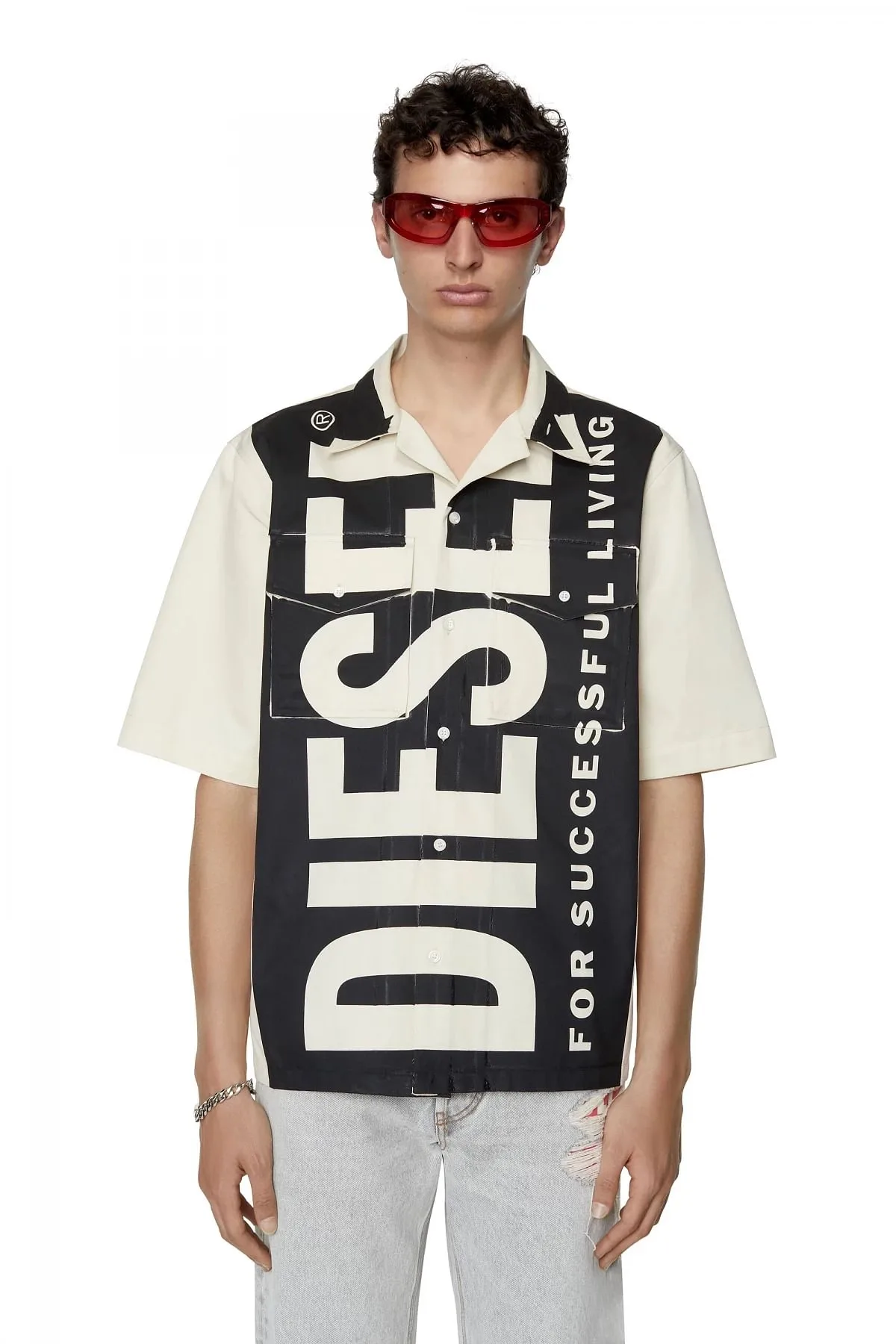 Black and White Bowling shirt with maxi logo print