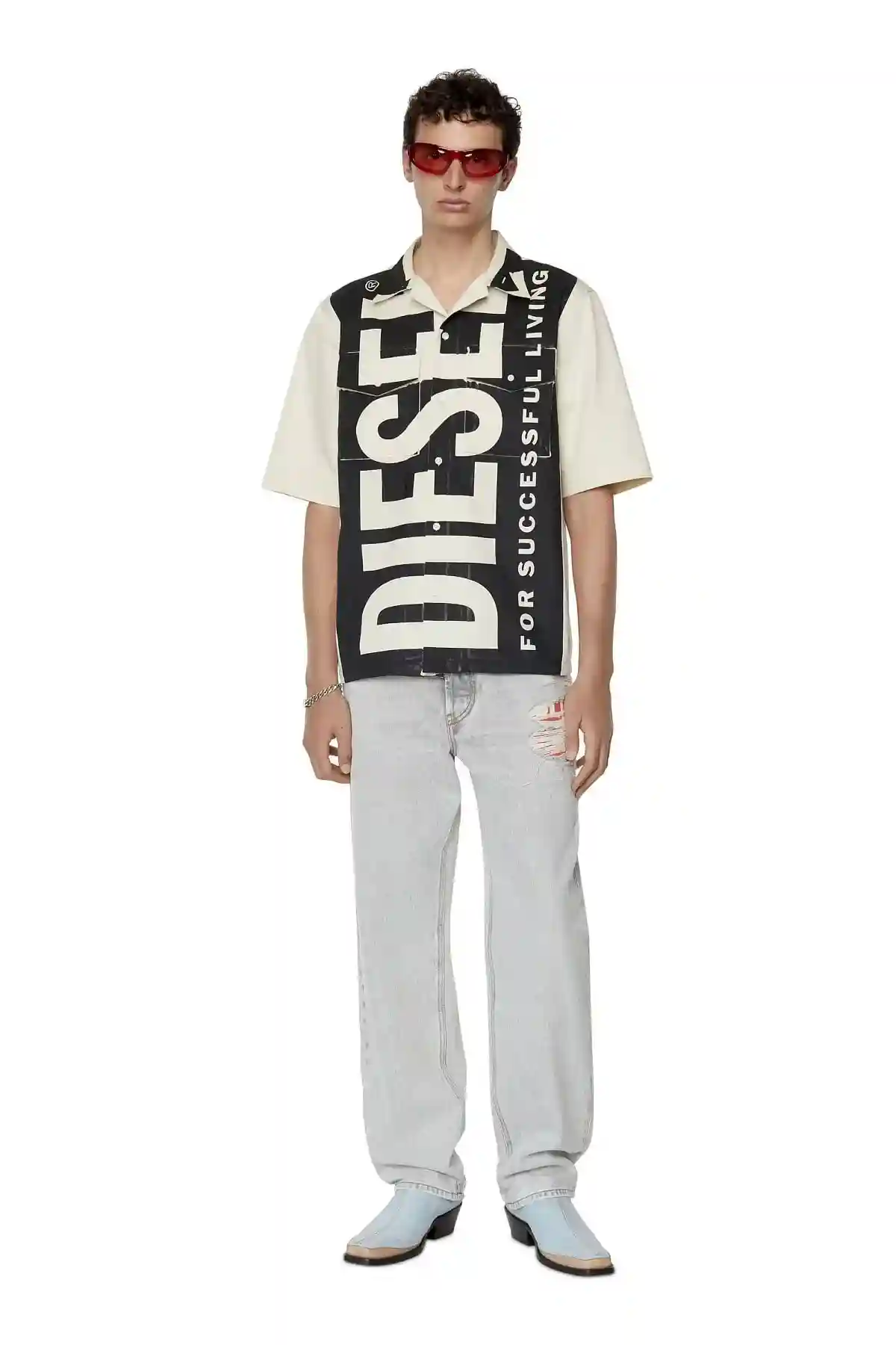 Black and White Bowling shirt with maxi logo print