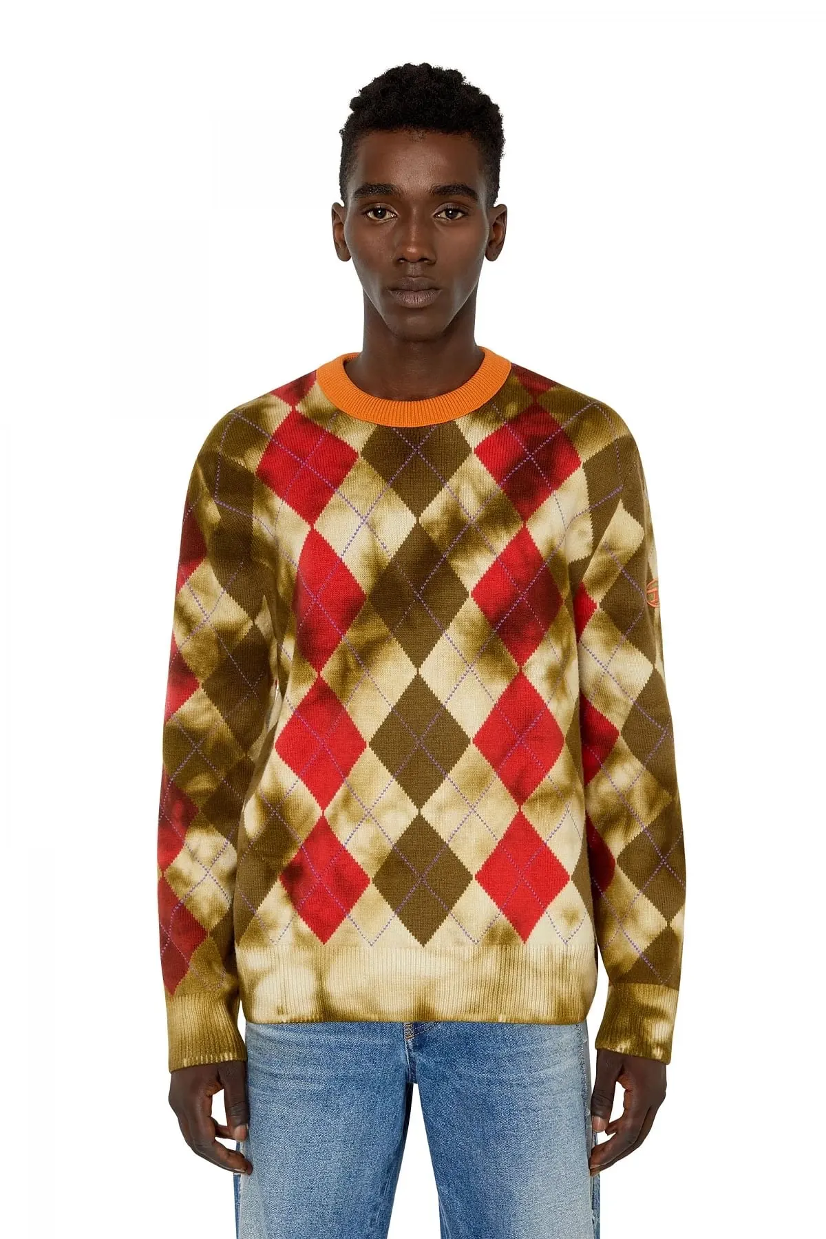 Beige and Red Argyle jumper with tie-dye