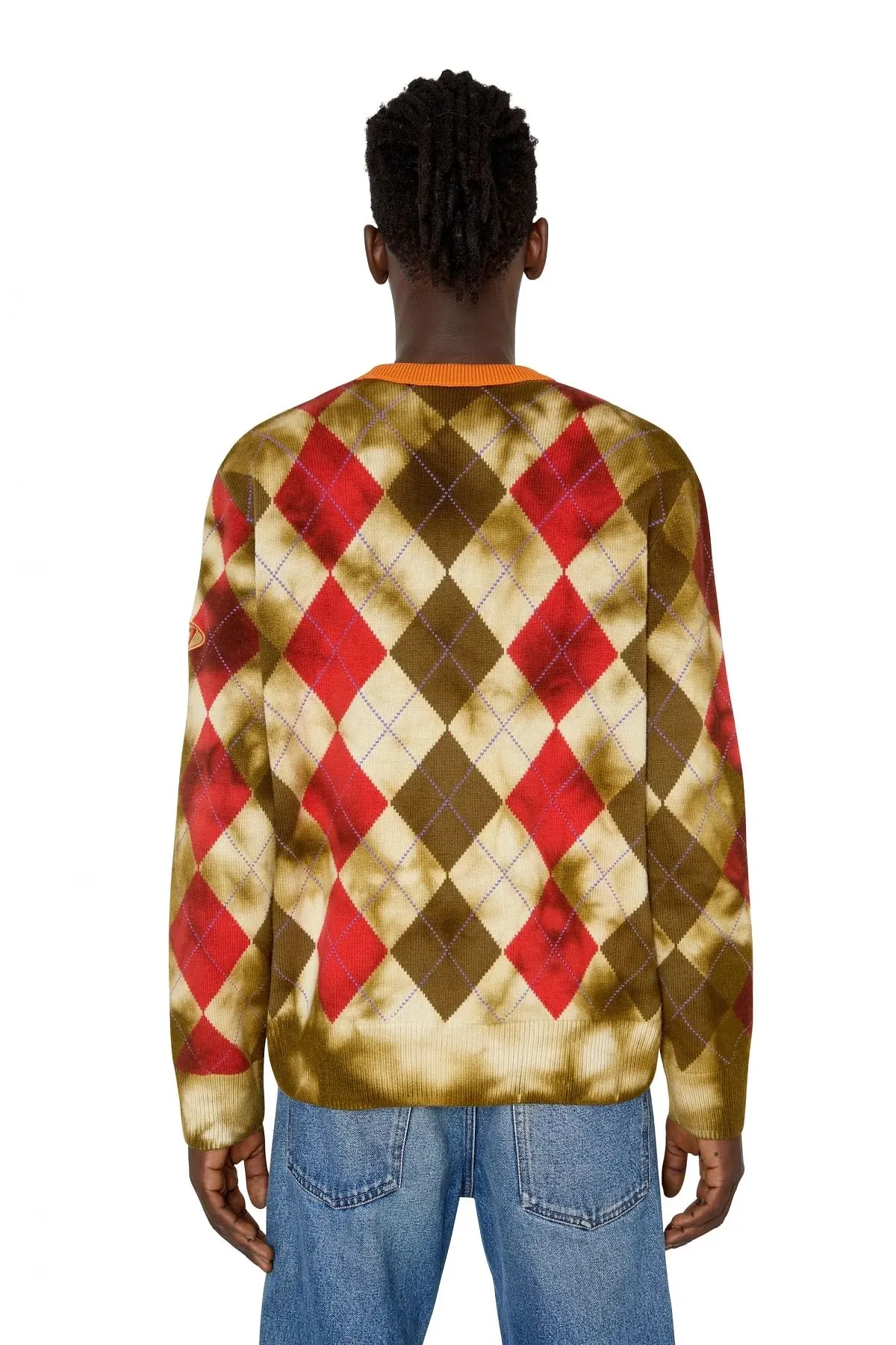Beige and Red Argyle jumper with tie-dye
