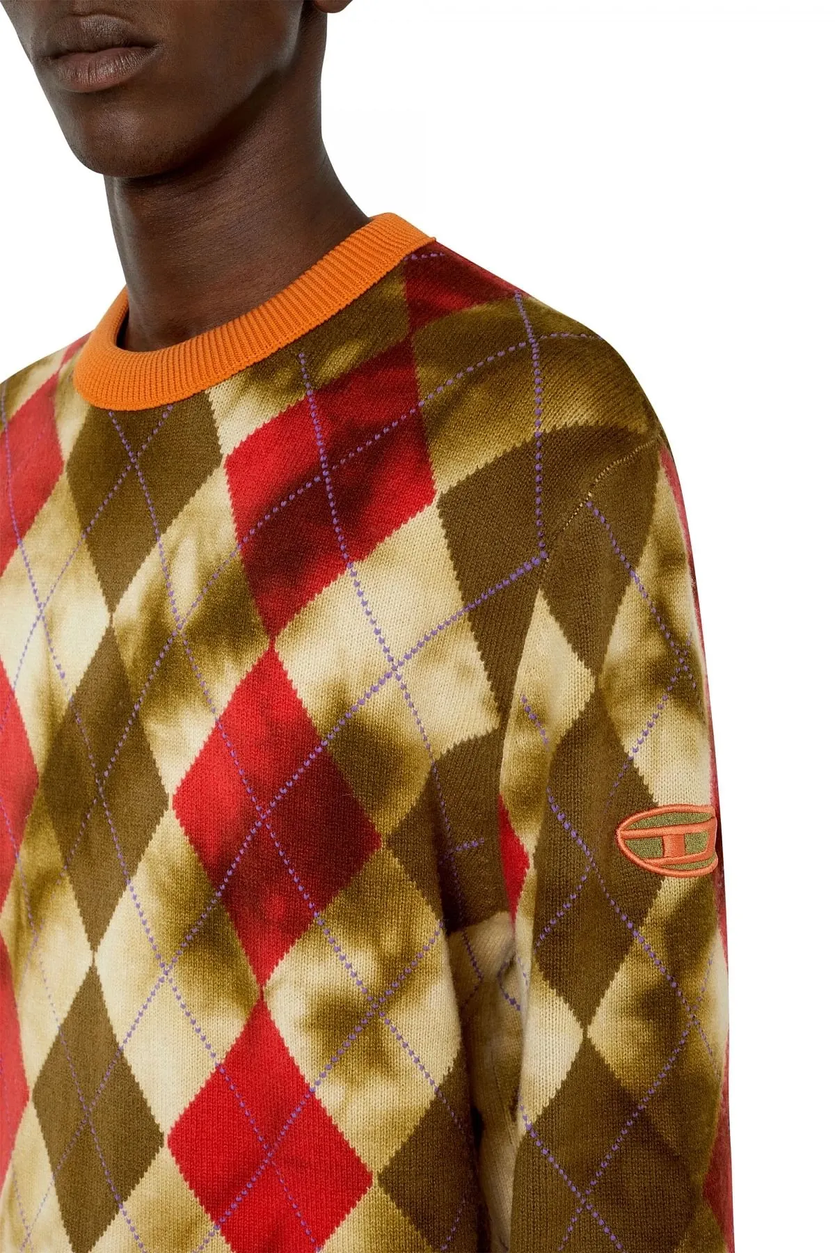 Beige and Red Argyle jumper with tie-dye