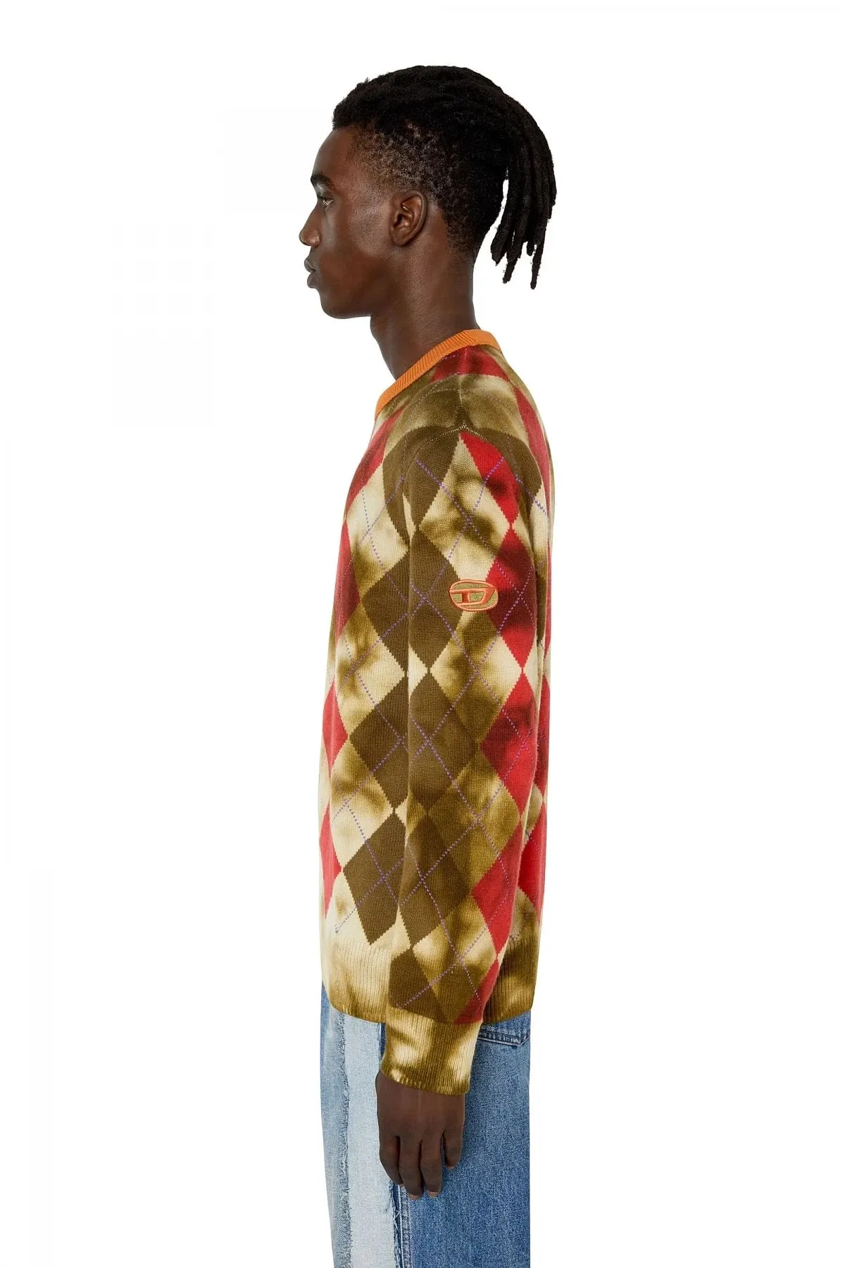 Beige and Red Argyle jumper with tie-dye