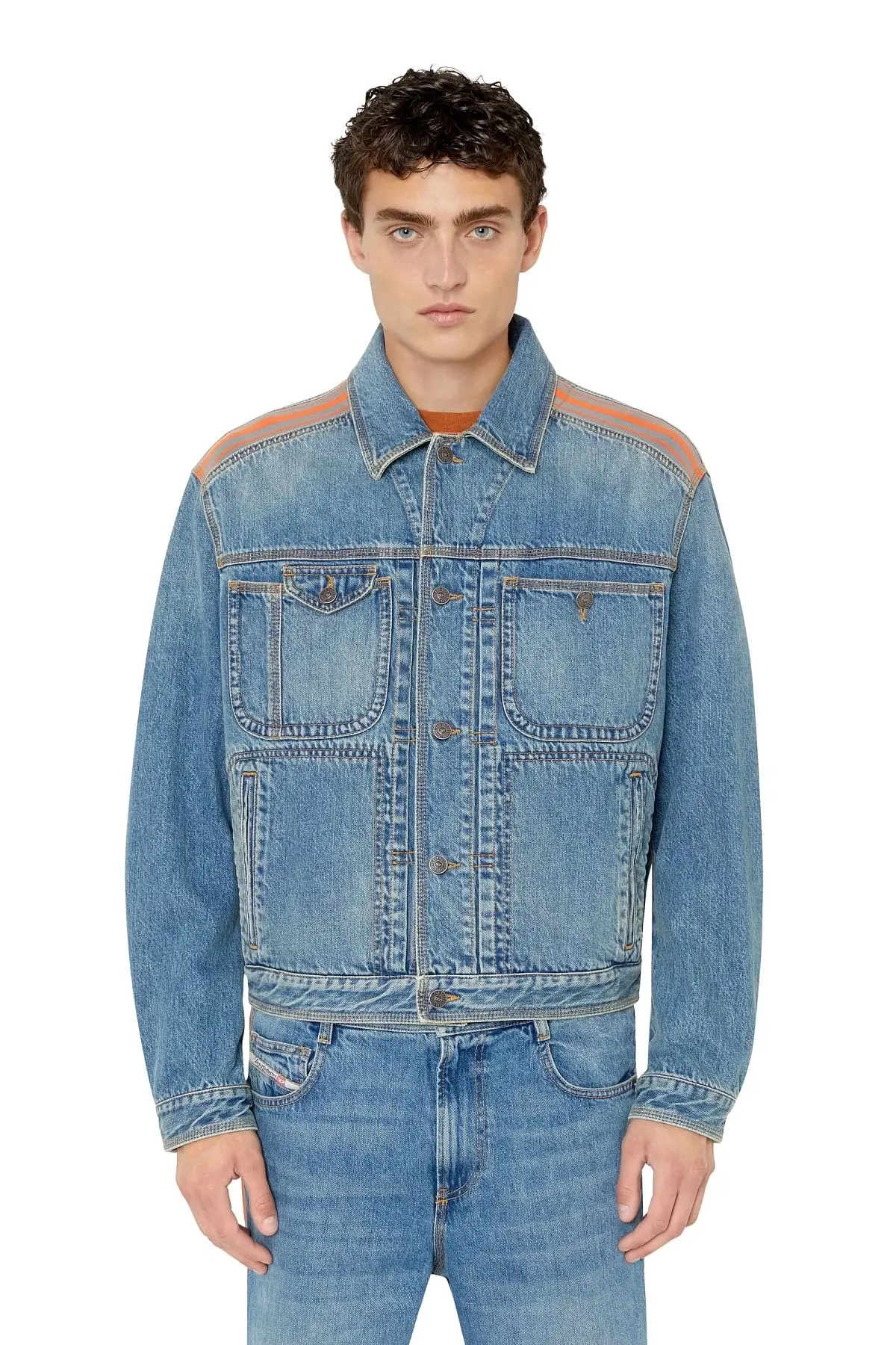 Blue Trucker jacket with striped inserts