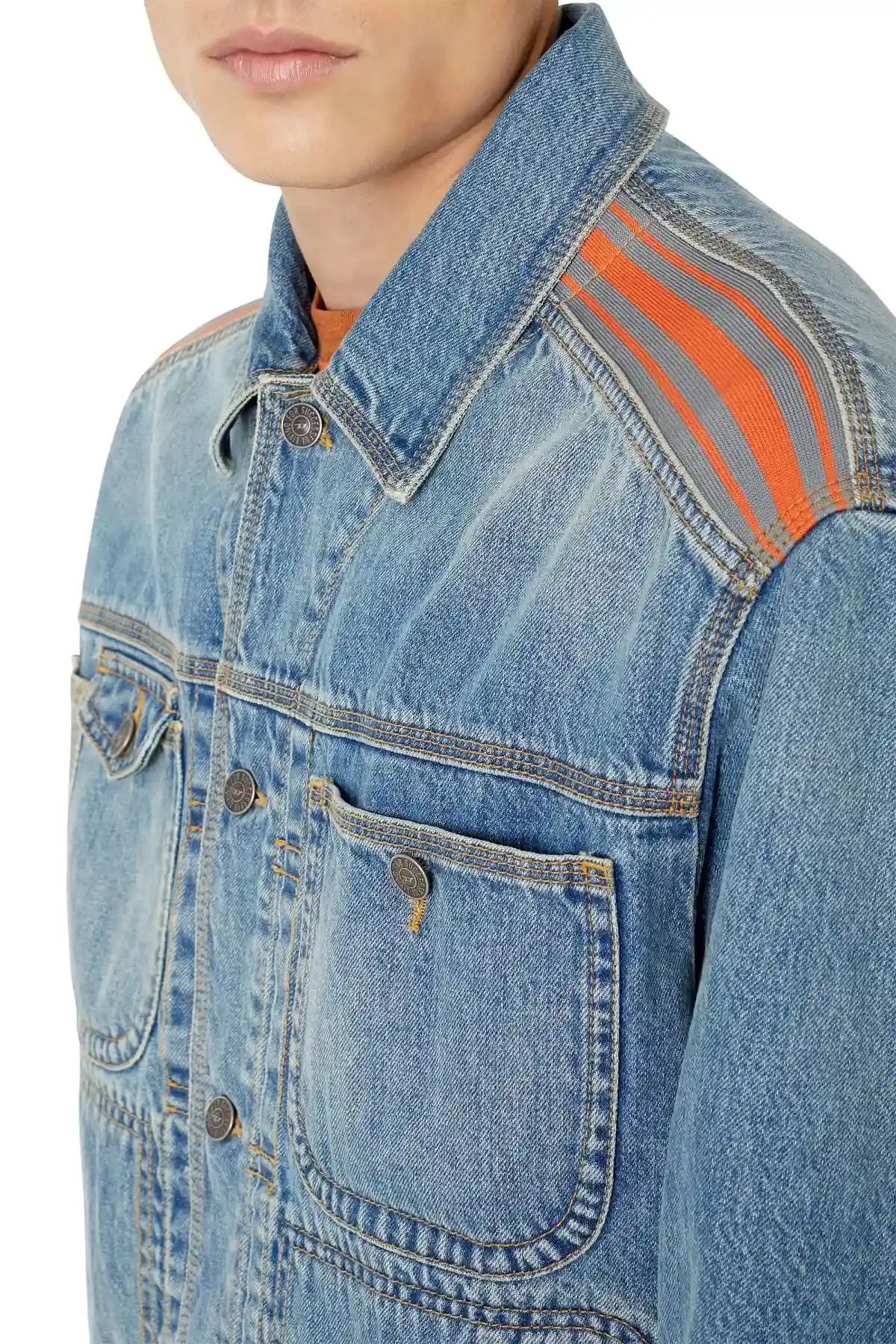 Blue Trucker jacket with striped inserts