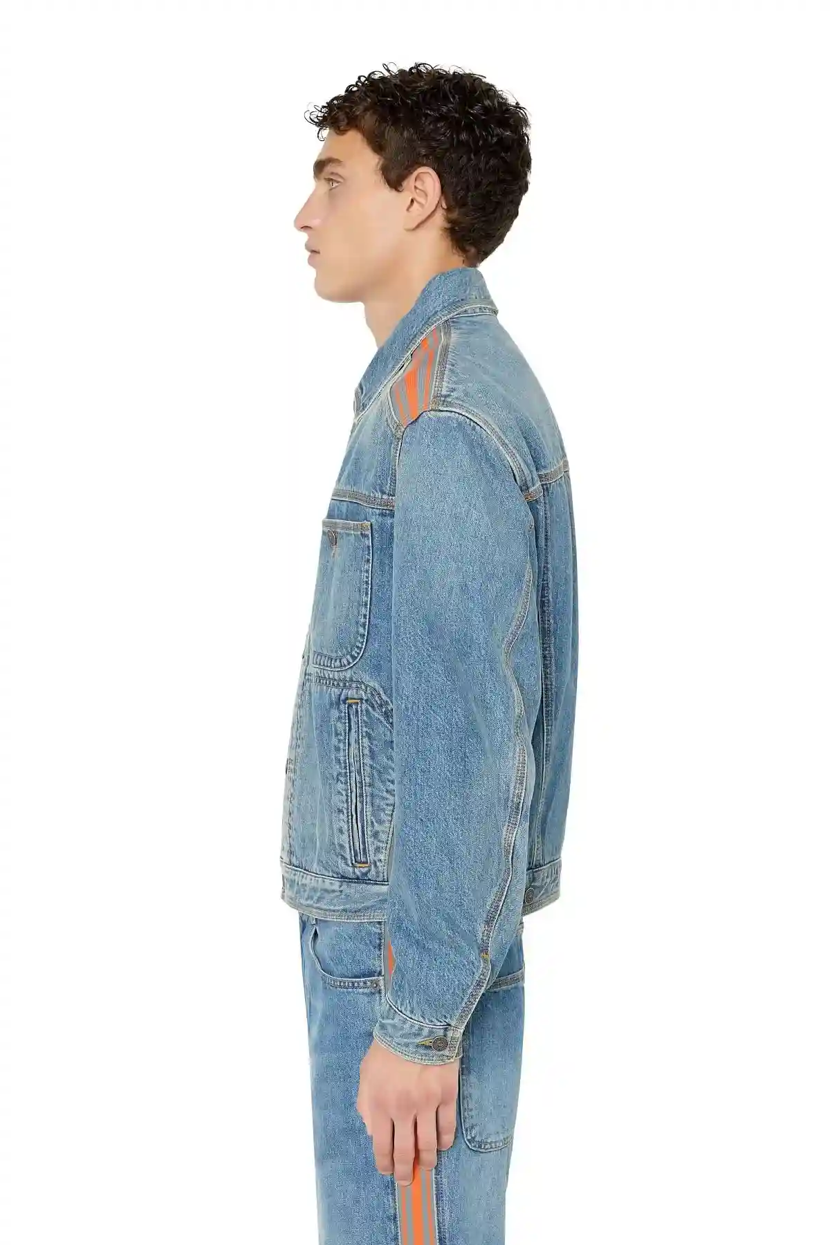 Blue Trucker jacket with striped inserts