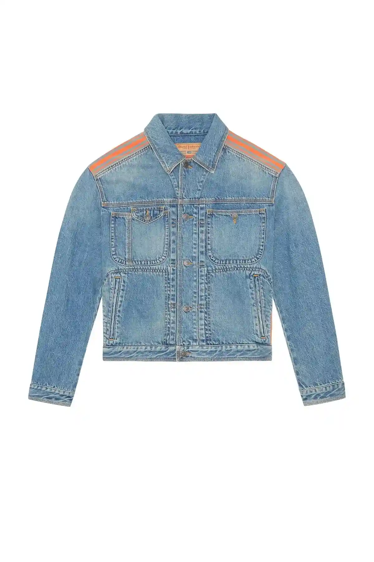 Blue Trucker jacket with striped inserts